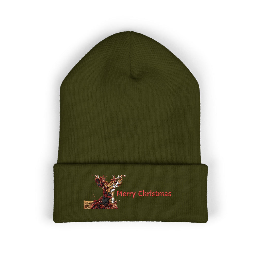 Embroidered Reindeer 'Merry Christmas' Cuffed Beanie