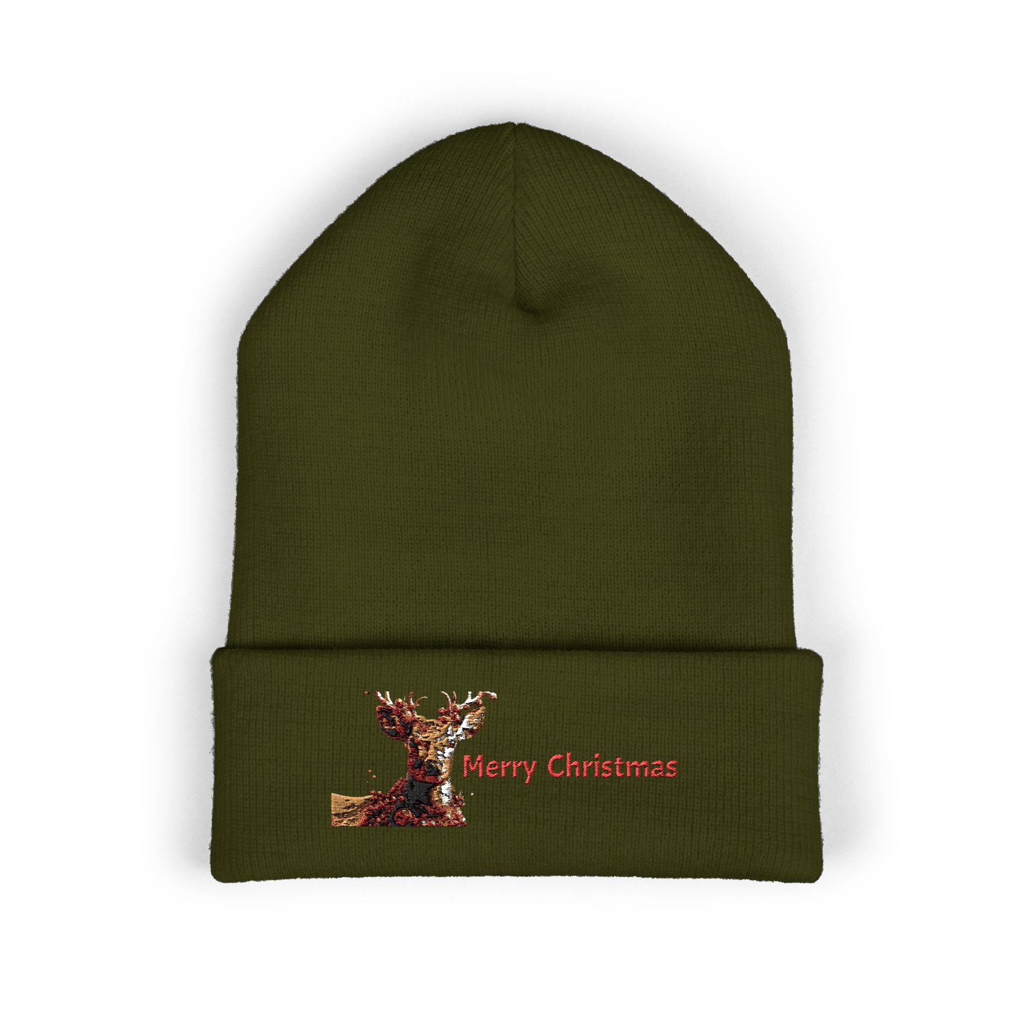 Embroidered Reindeer 'Merry Christmas' Cuffed Beanie