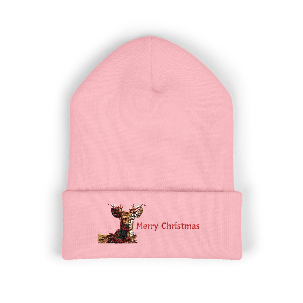 Embroidered Reindeer 'Merry Christmas' Cuffed Beanie