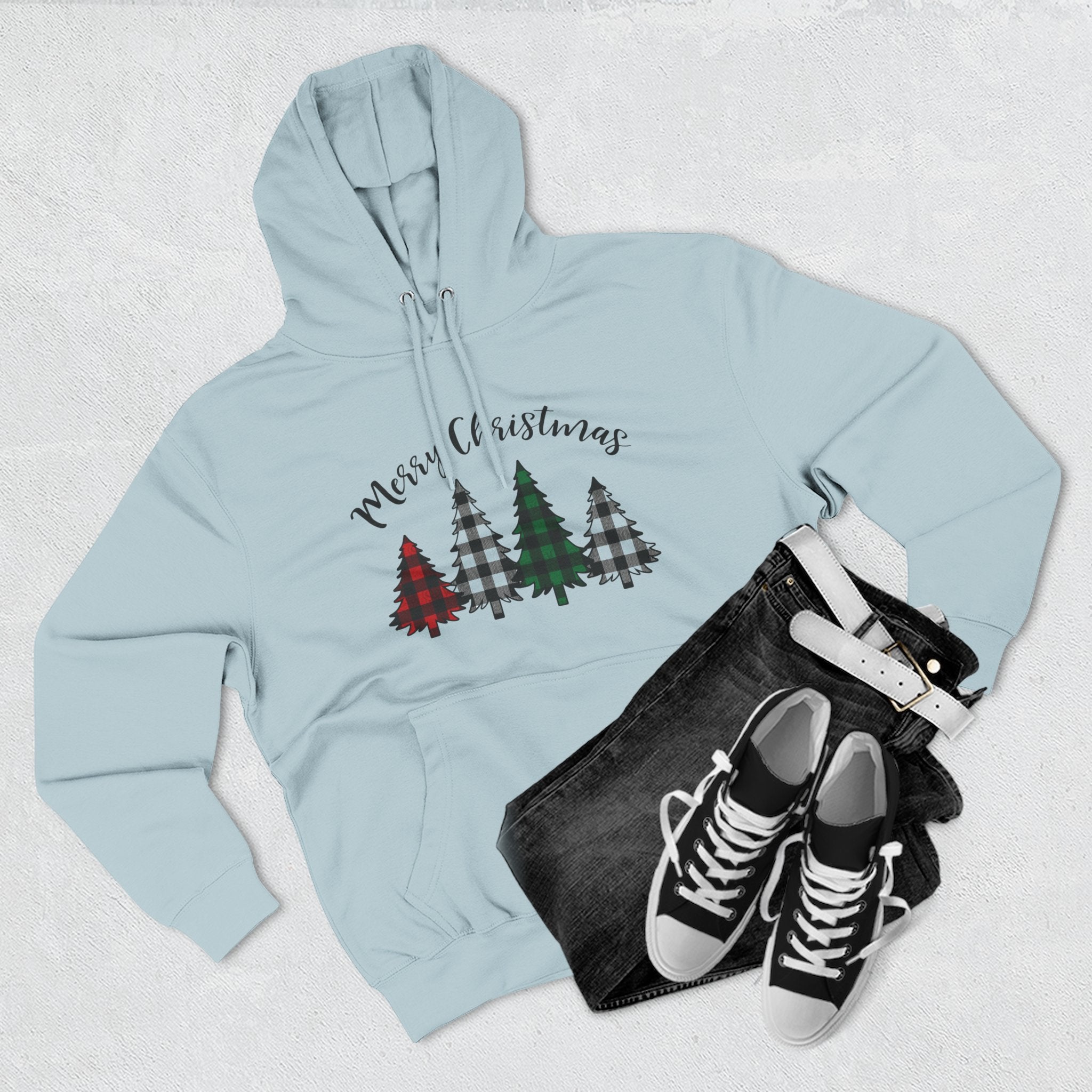 Merry & Bright Christmas Trees Hoodie — Minimal Holiday Fleece Pullover