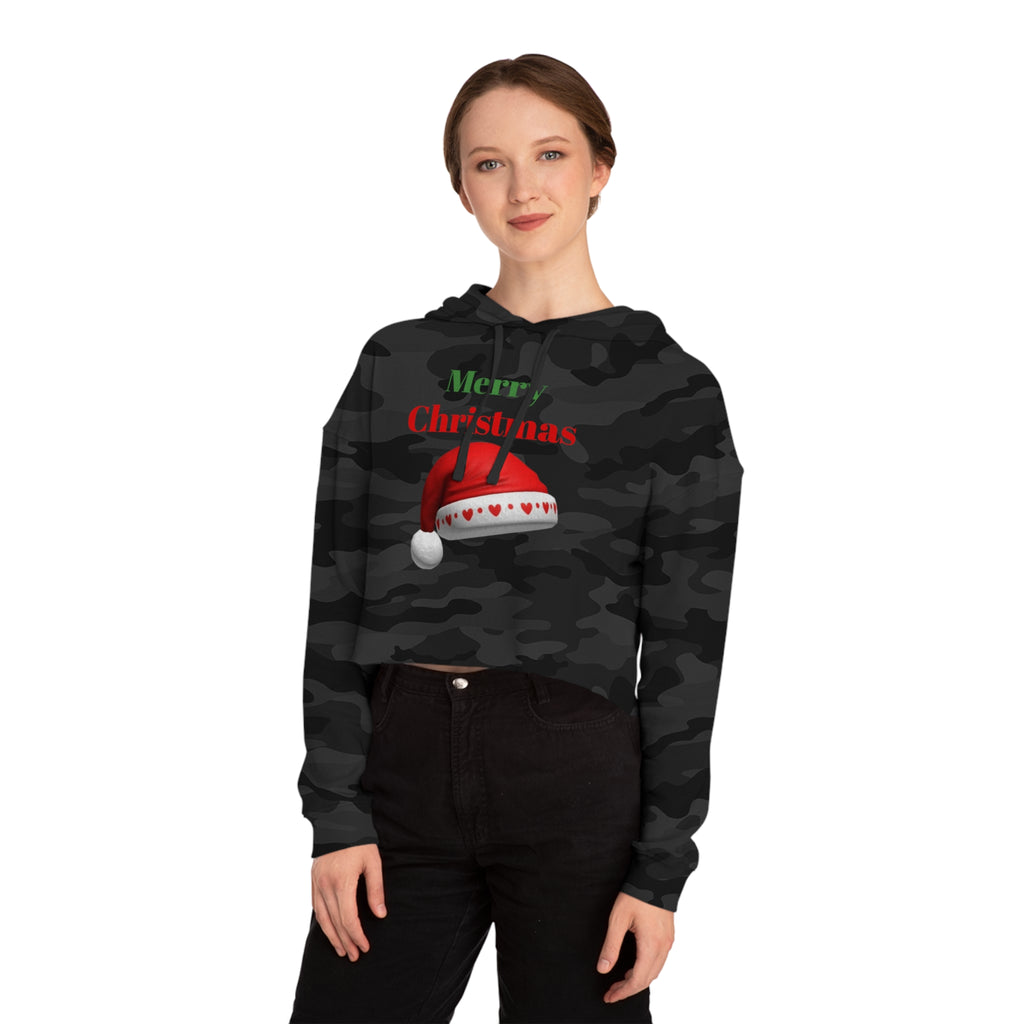 Merry Christmas Cropped Hoodie — Festive Santa Hat Holiday Sweatshirt for Women