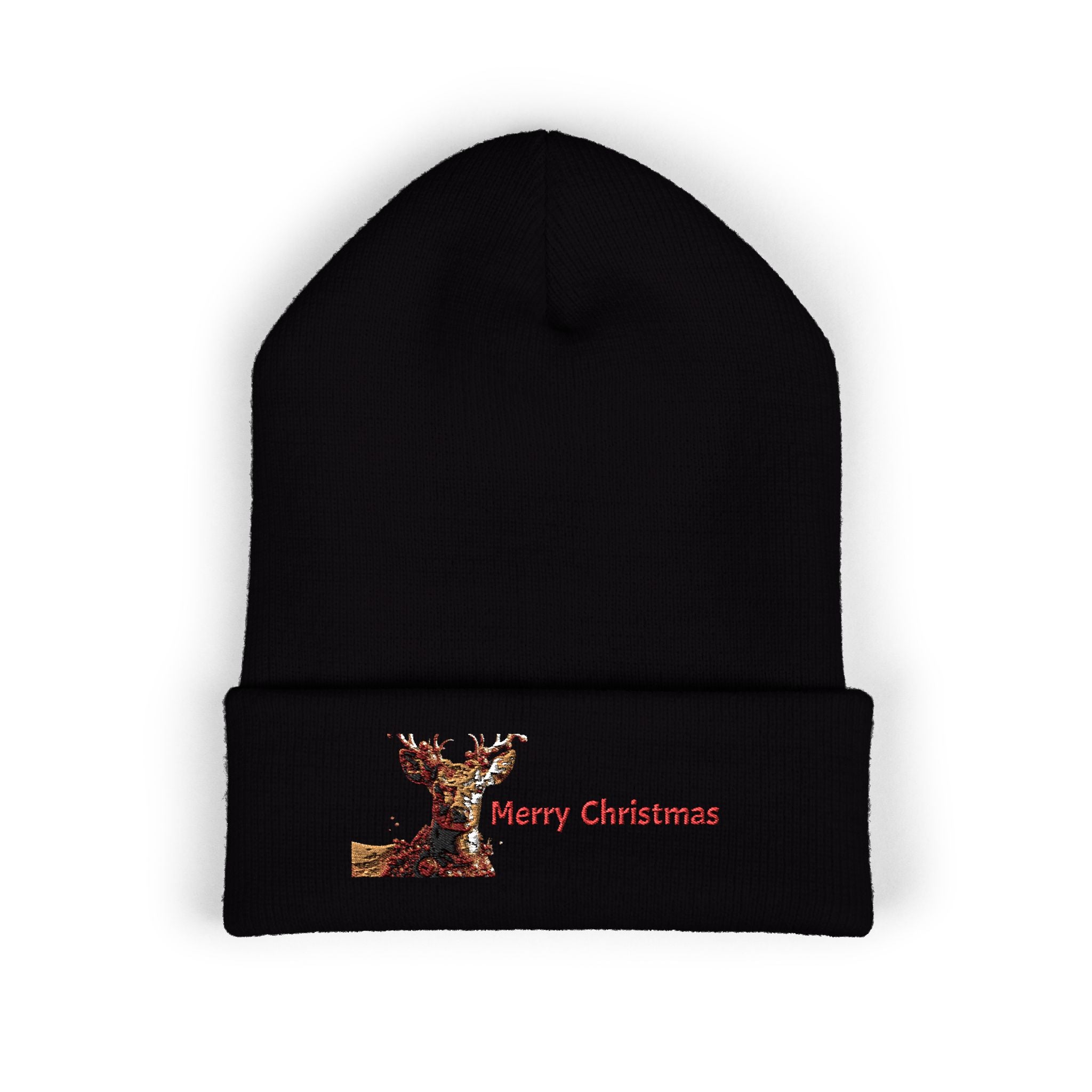 Embroidered Reindeer 'Merry Christmas' Cuffed Beanie