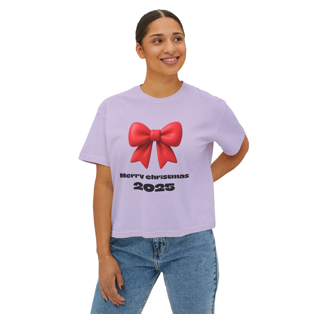 Women's Boxy Tee — Merry Christmas 2025 Red Bow Holiday Shirt