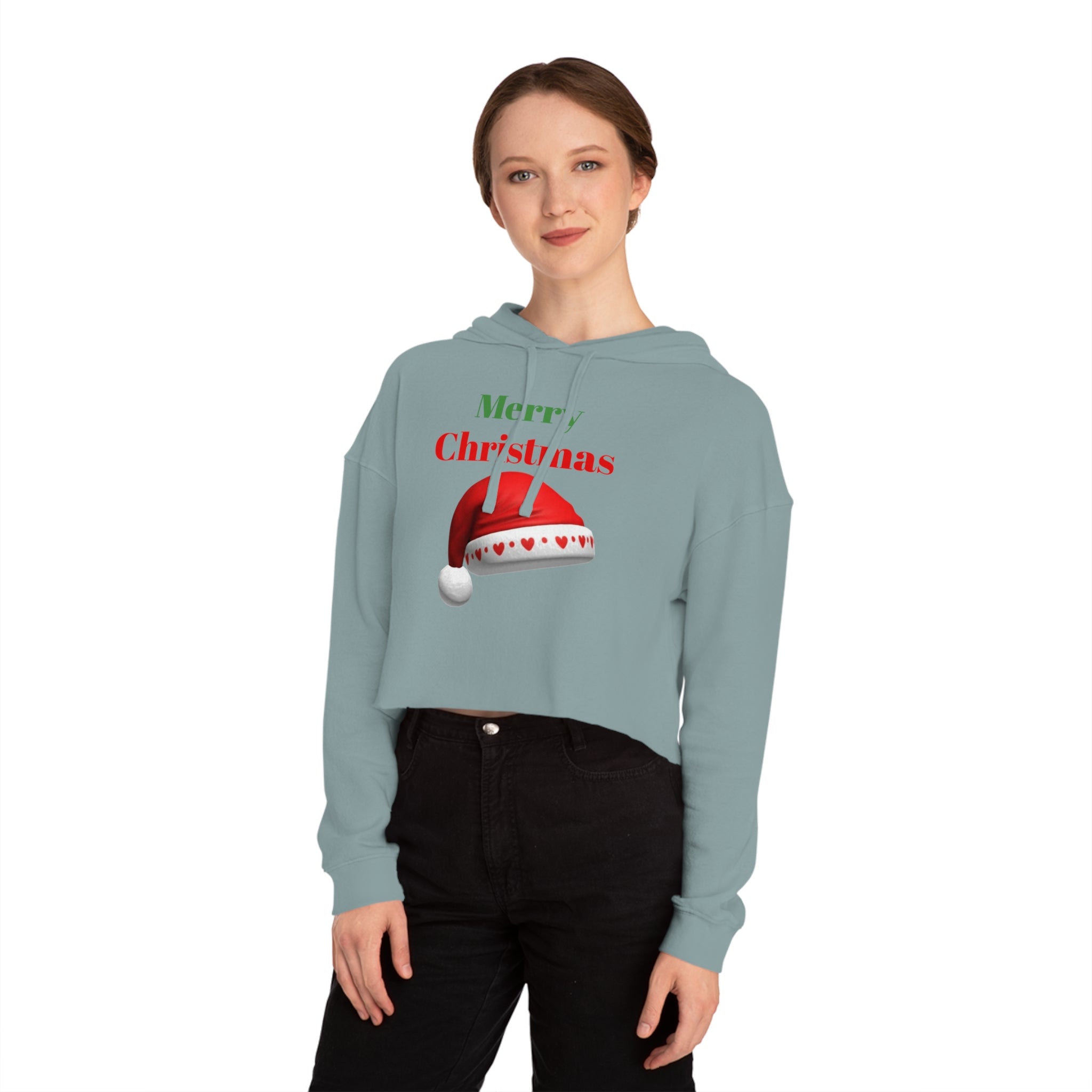 Merry Christmas Cropped Hoodie — Festive Santa Hat Holiday Sweatshirt for Women