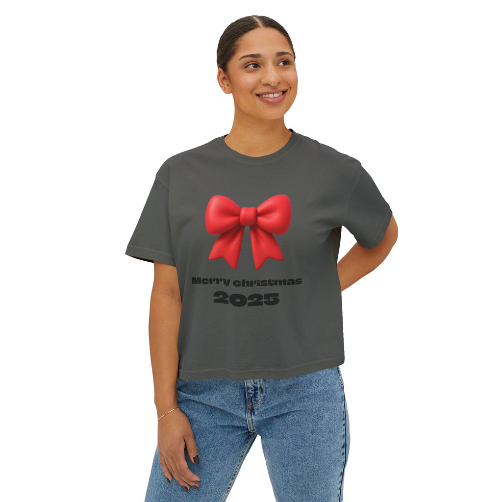 Women's Boxy Tee — Merry Christmas 2025 Red Bow Holiday Shirt