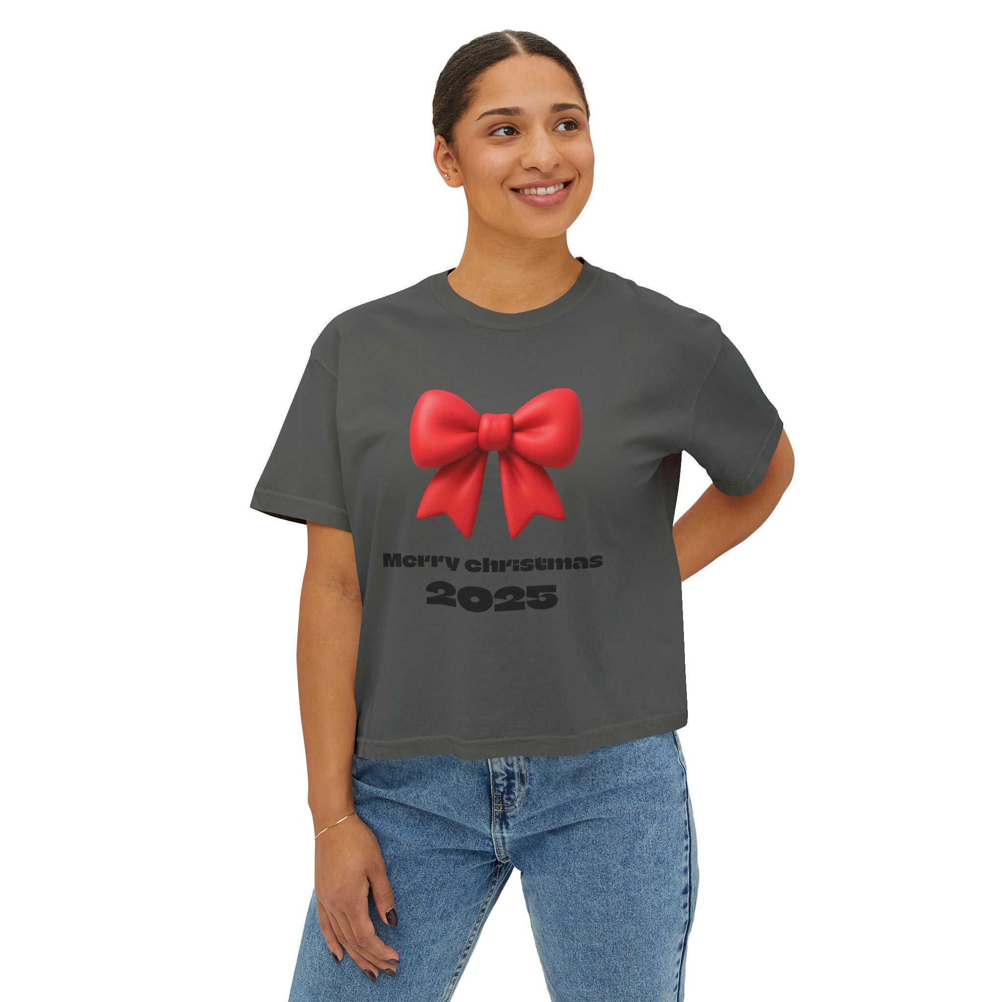 Women's Boxy Tee — Merry Christmas 2025 Red Bow Holiday Shirt