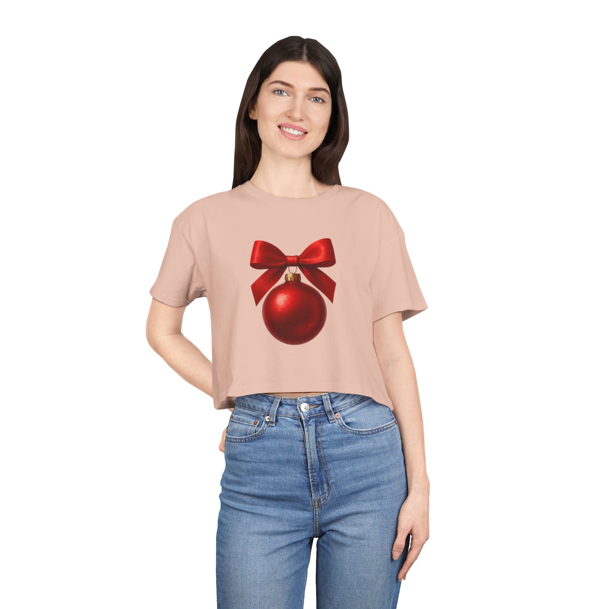 Christmas Ornament Crop Tee — Red Bow Holiday Graphic Top