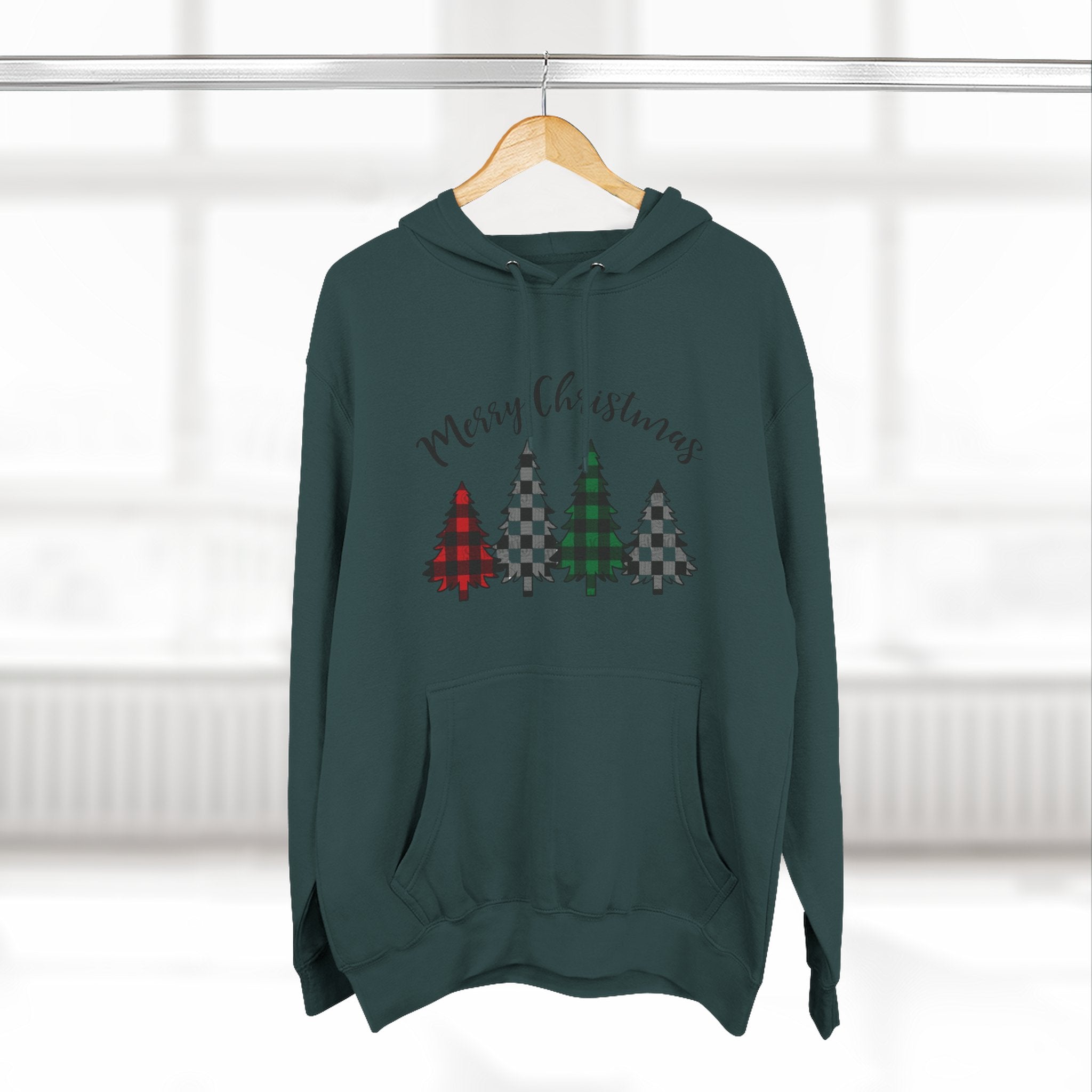 Merry & Bright Christmas Trees Hoodie — Minimal Holiday Fleece Pullover