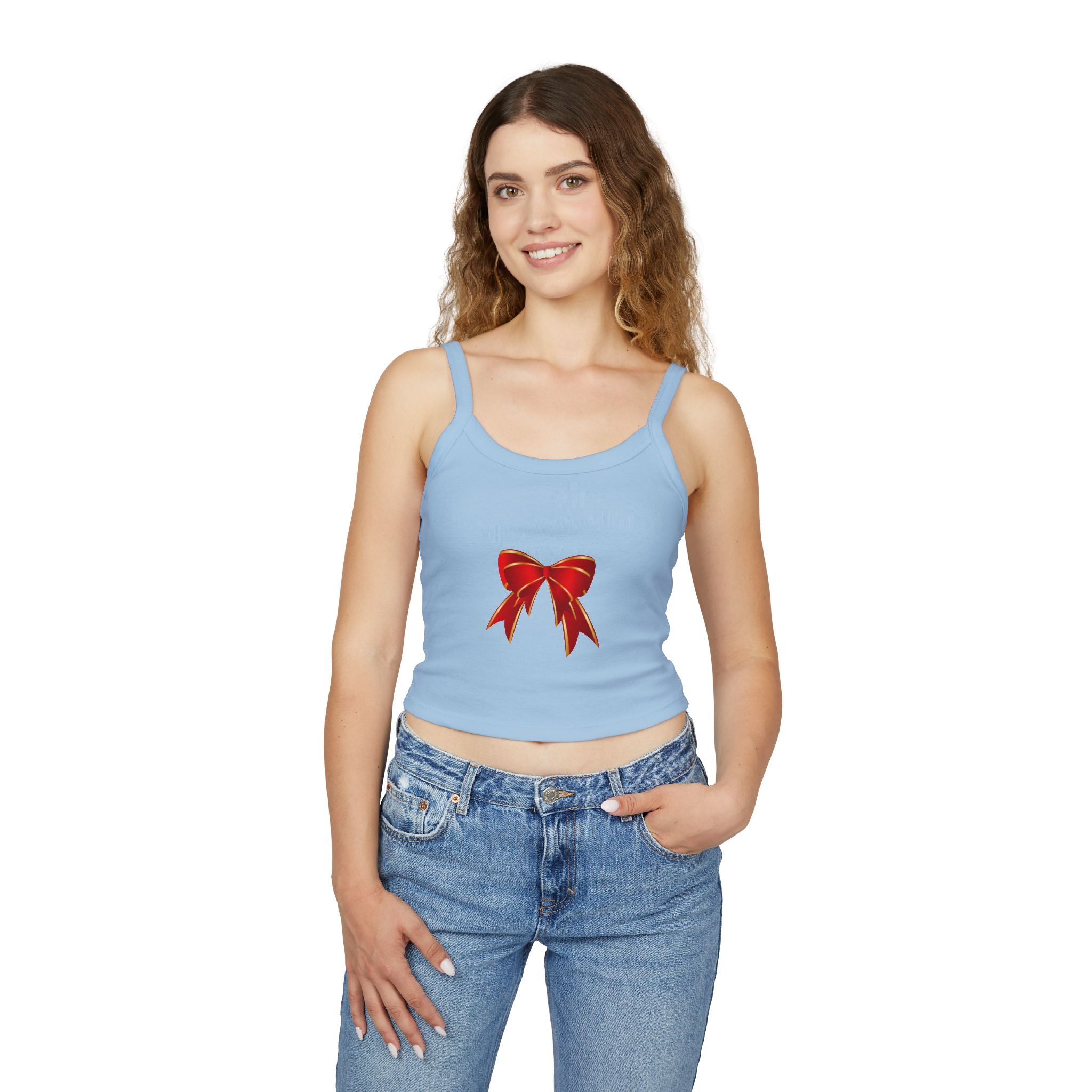 Spaghetti Tank Top — Red Holiday Bow Crop Top