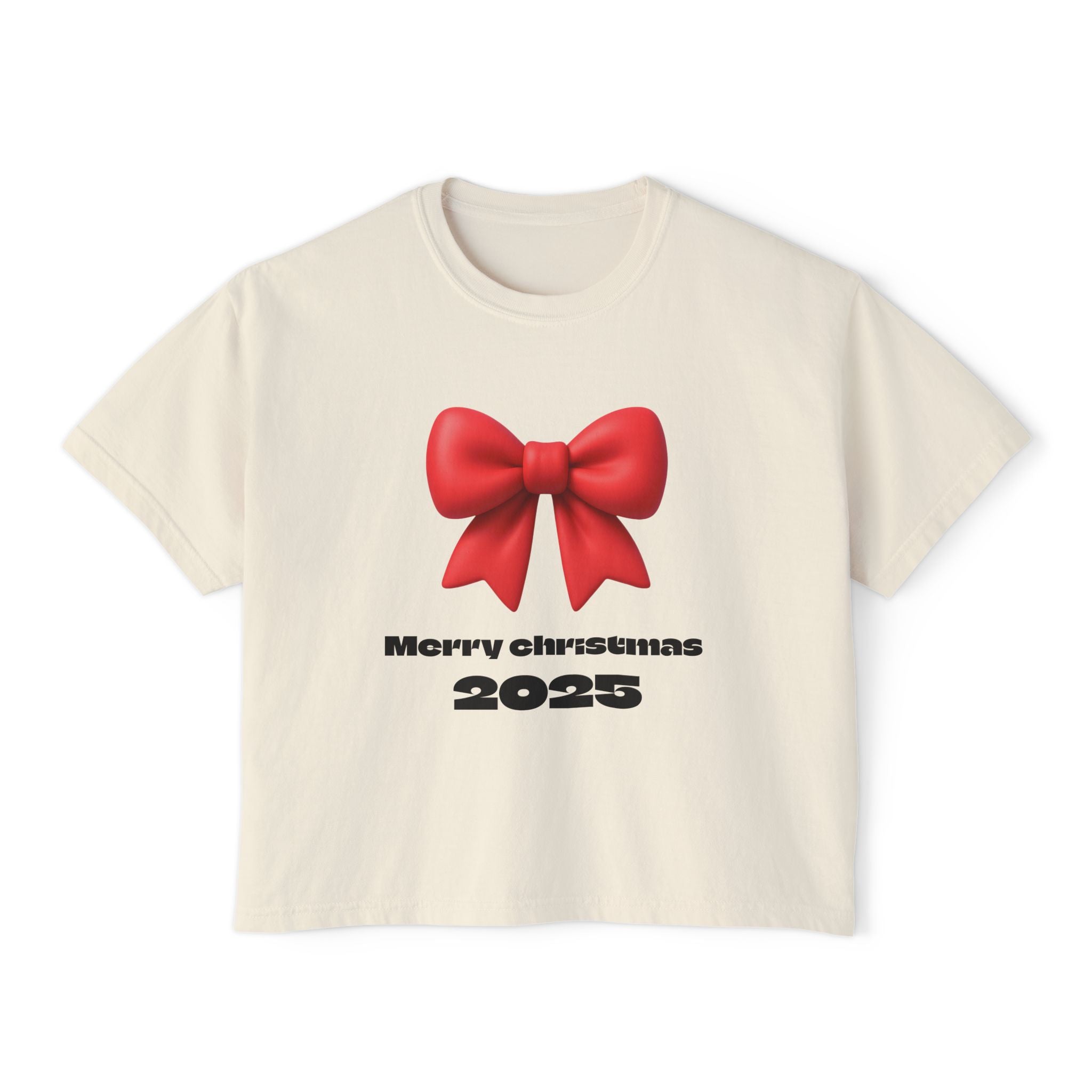 Women's Boxy Tee — Merry Christmas 2025 Red Bow Holiday Shirt