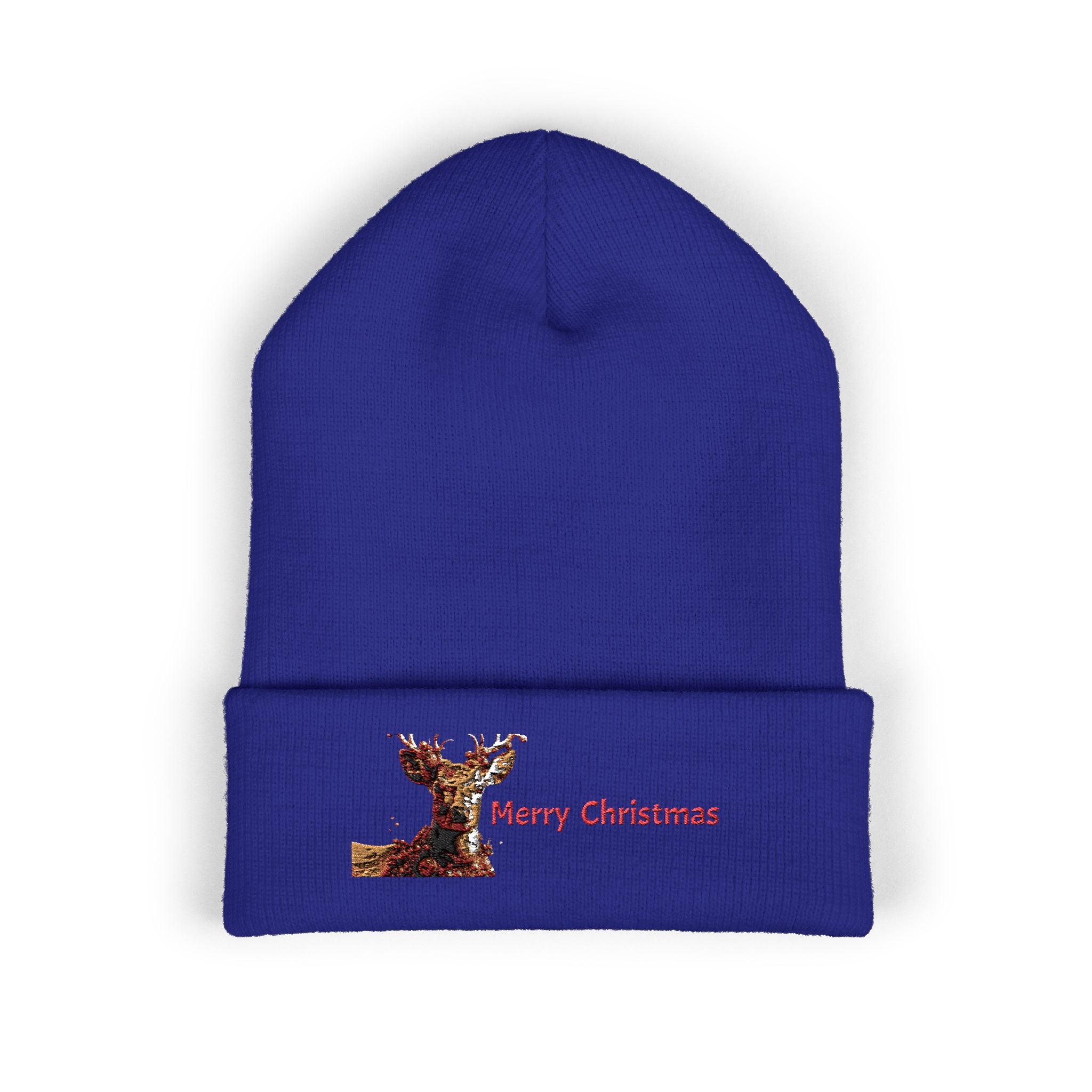 Embroidered Reindeer 'Merry Christmas' Cuffed Beanie