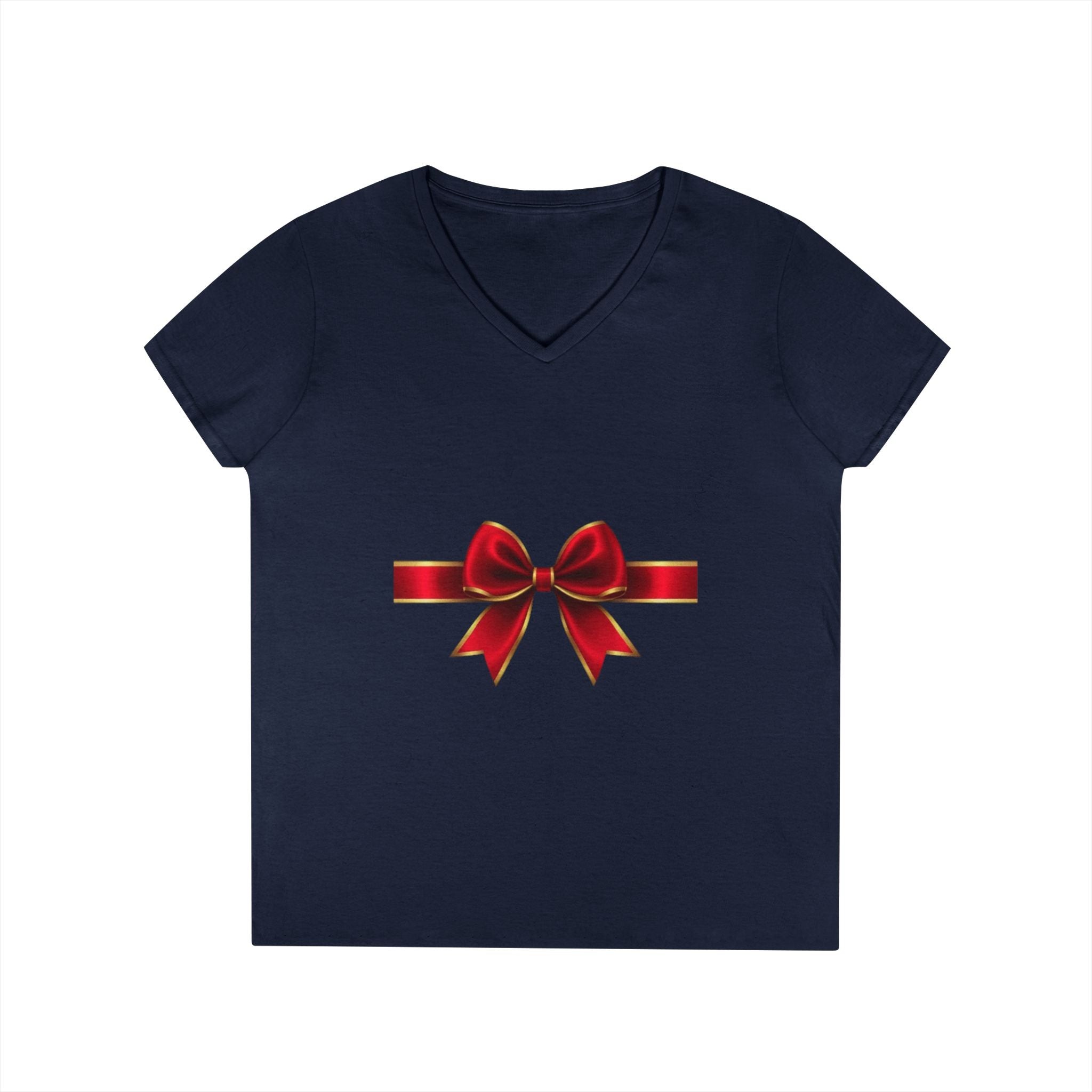 Women's V-Neck T-Shirt with Red Ribbon Bow Graphic — Gift-Ready Holiday Tee