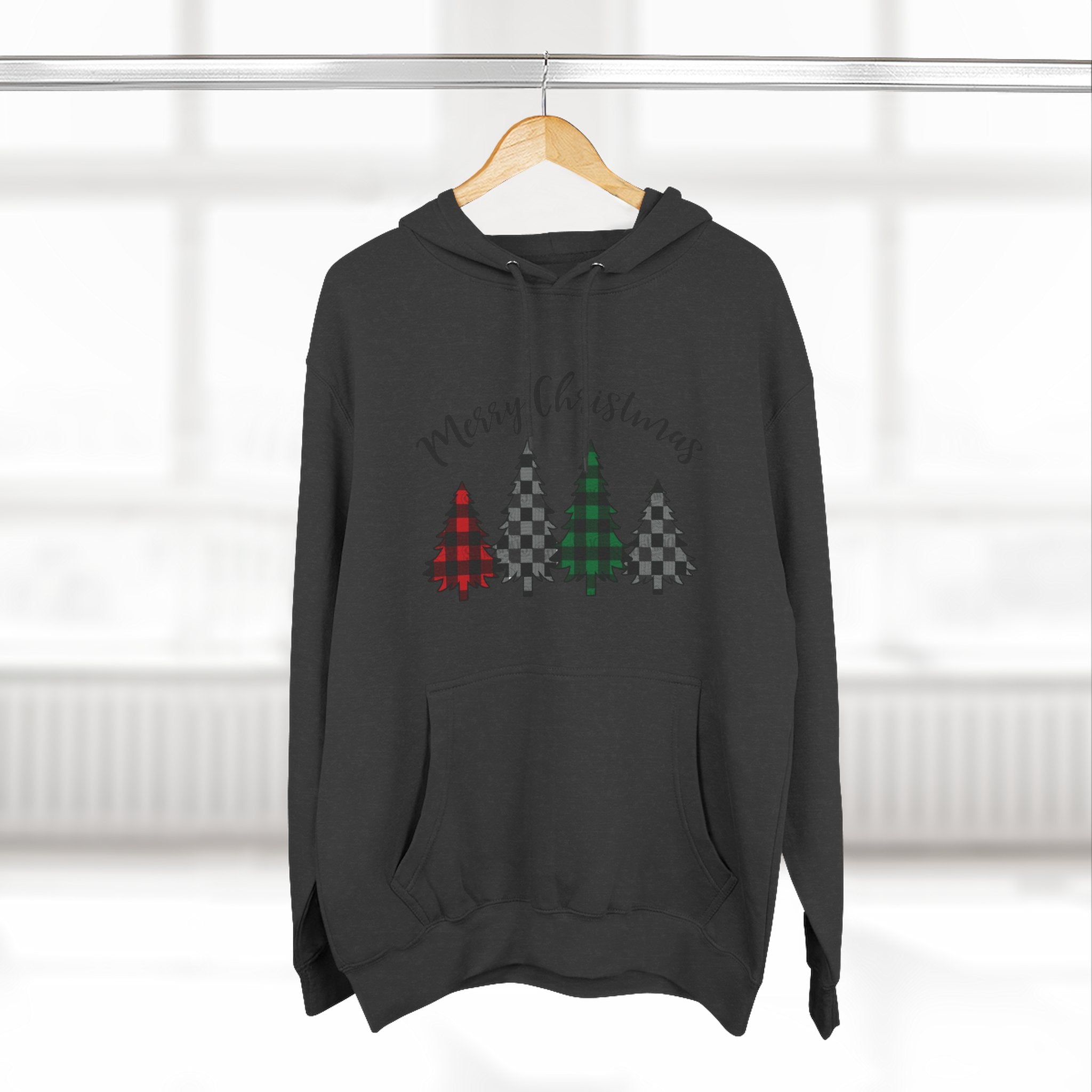 Merry & Bright Christmas Trees Hoodie — Minimal Holiday Fleece Pullover