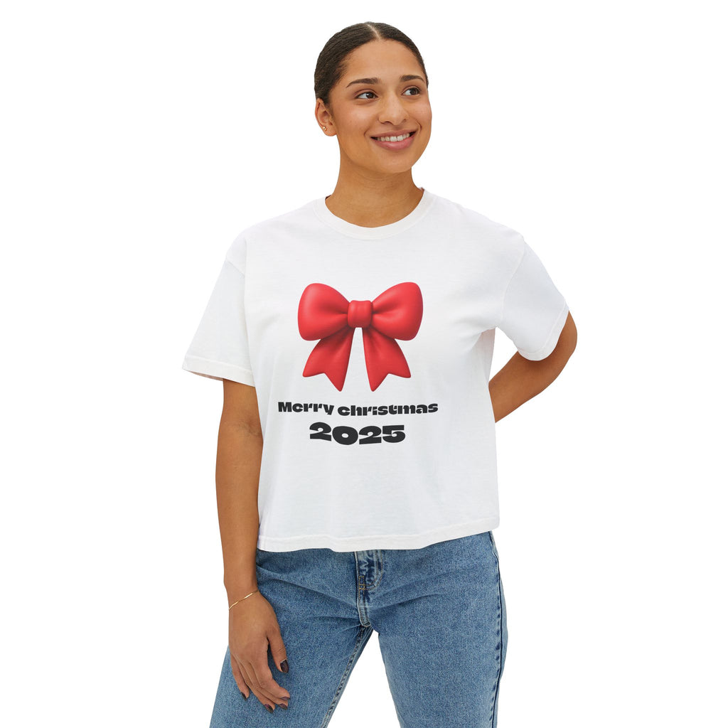 Women's Boxy Tee — Merry Christmas 2025 Red Bow Holiday Shirt
