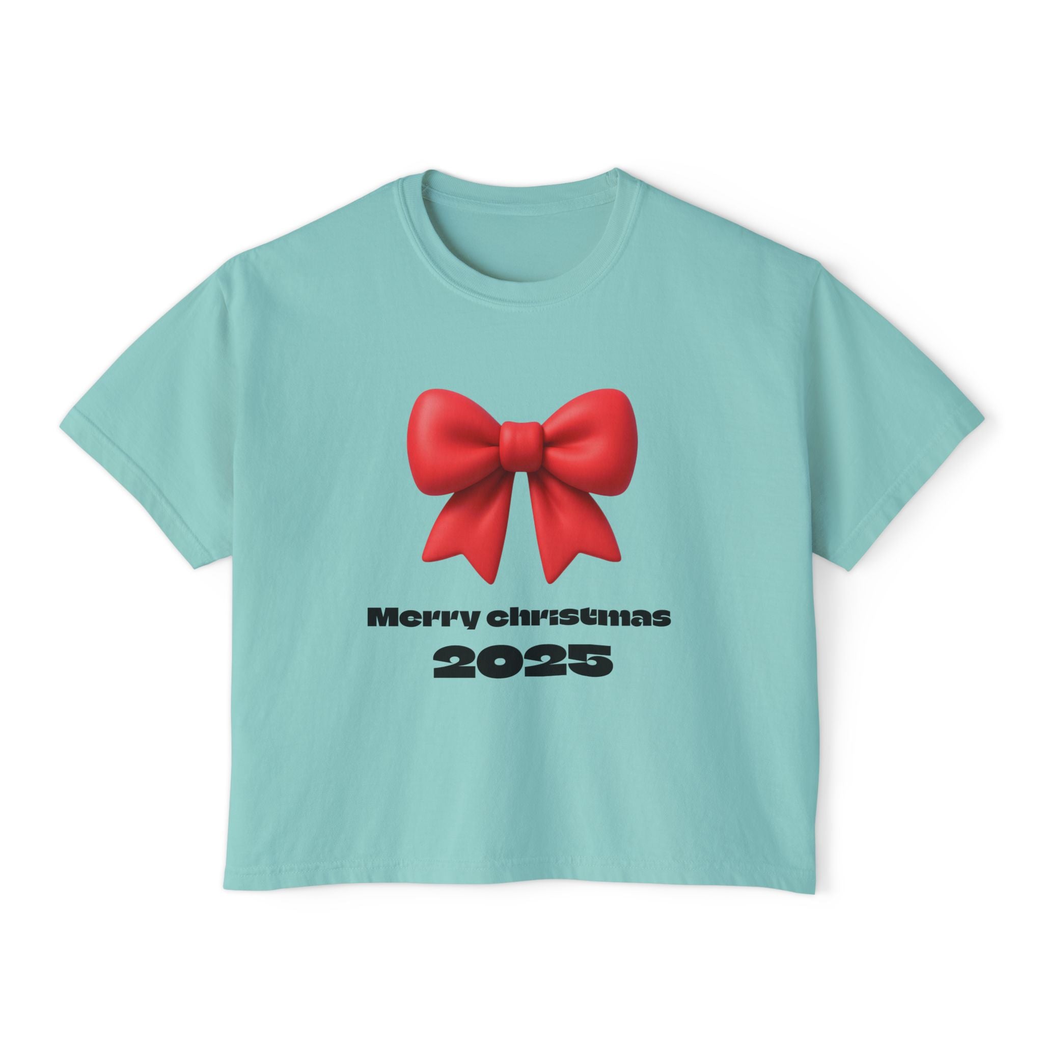 Women's Boxy Tee — Merry Christmas 2025 Red Bow Holiday Shirt