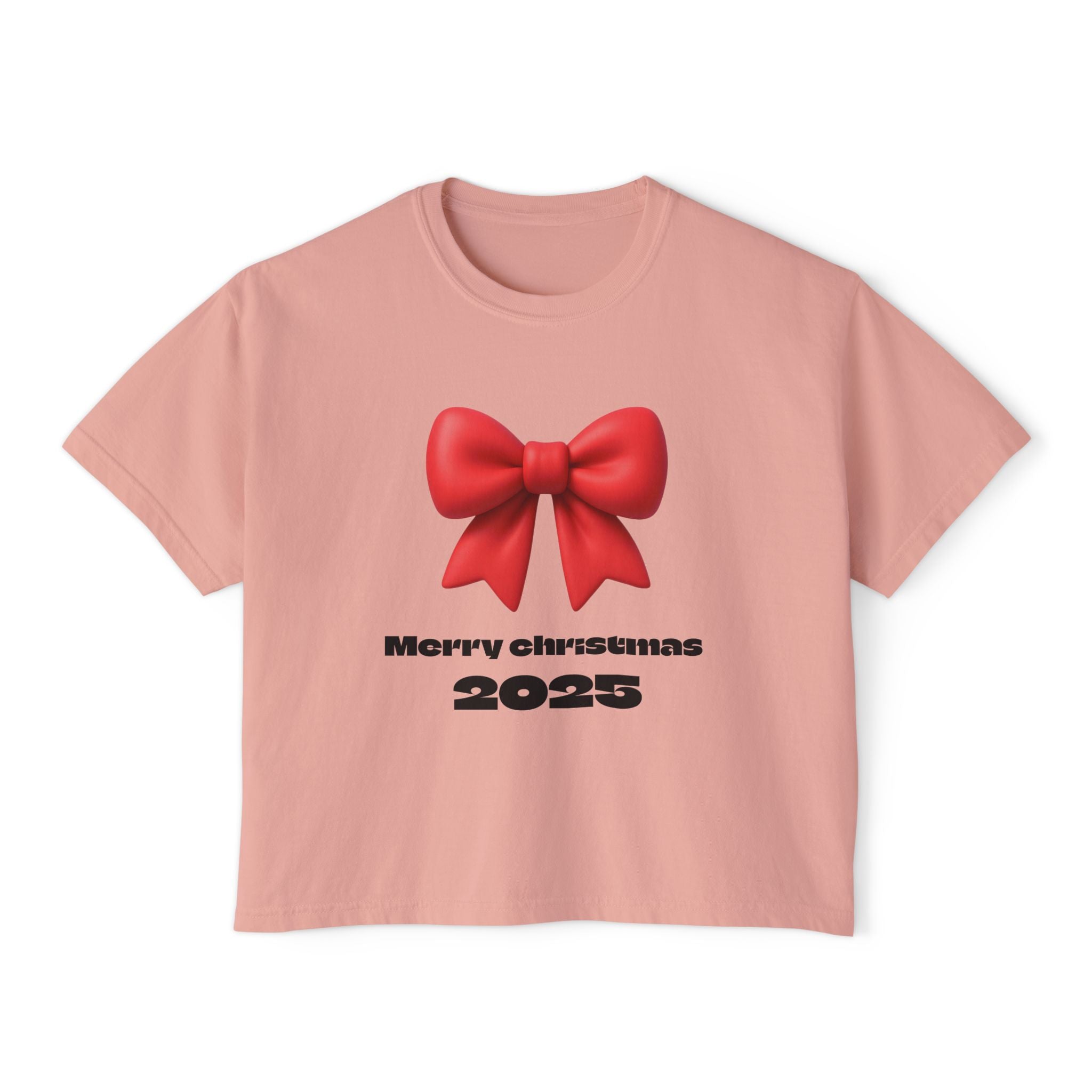Women's Boxy Tee — Merry Christmas 2025 Red Bow Holiday Shirt