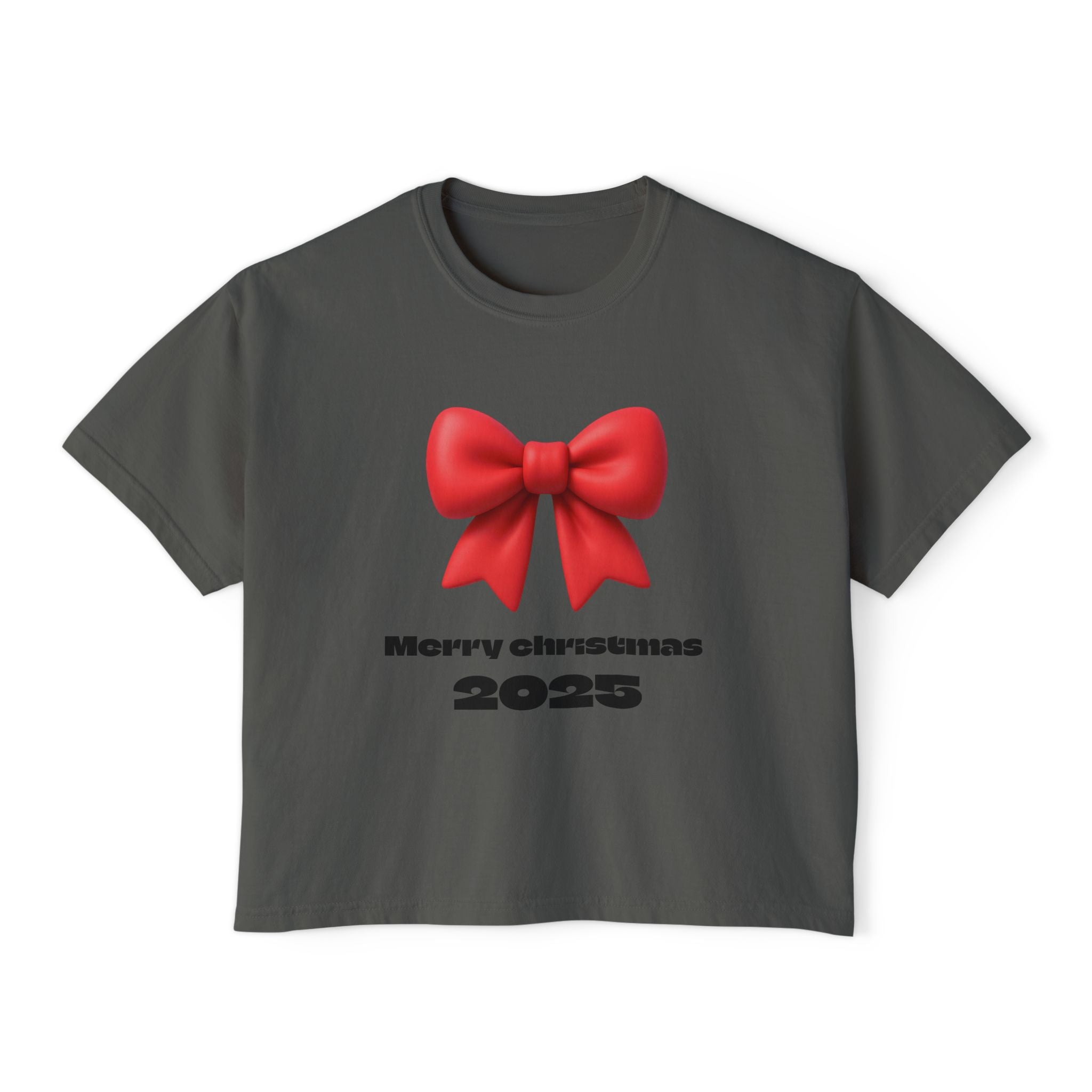 Women's Boxy Tee — Merry Christmas 2025 Red Bow Holiday Shirt