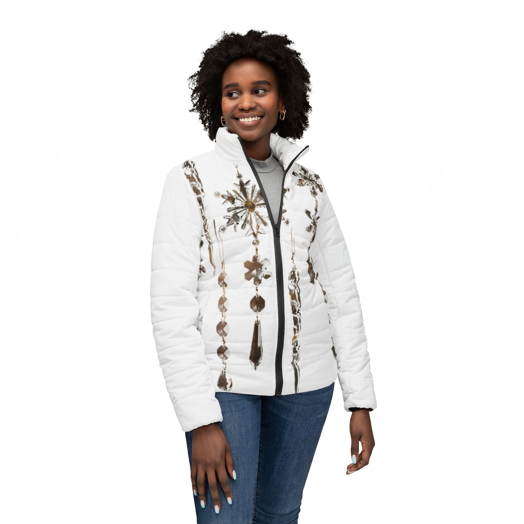 Women’s Puffer Jacket — Vintage Hanging Ornaments Snowflake Print