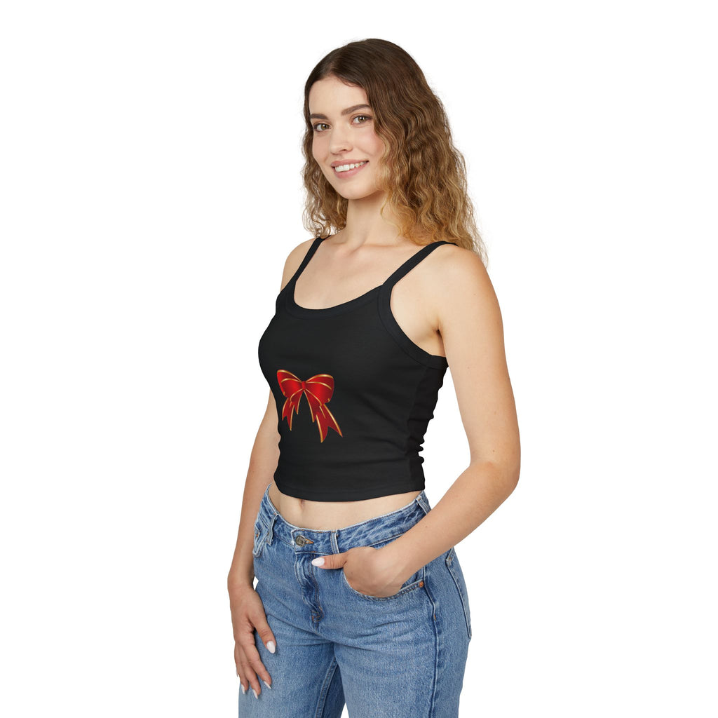 Spaghetti Tank Top — Red Holiday Bow Crop Top
