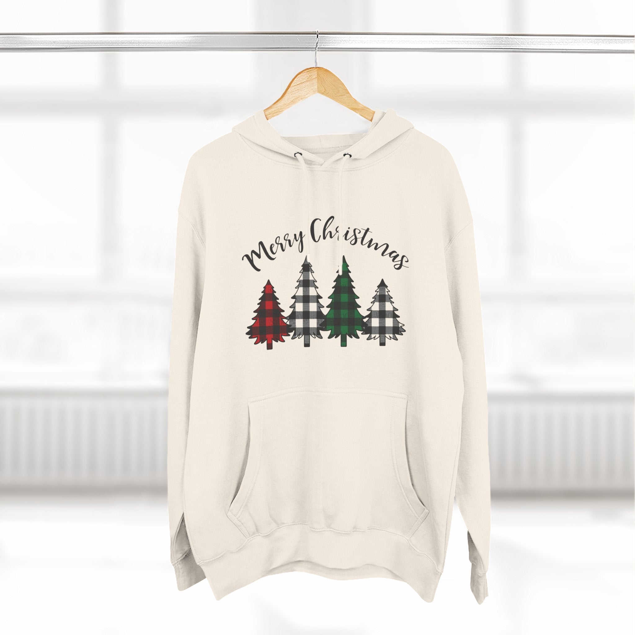 Merry & Bright Christmas Trees Hoodie — Minimal Holiday Fleece Pullover