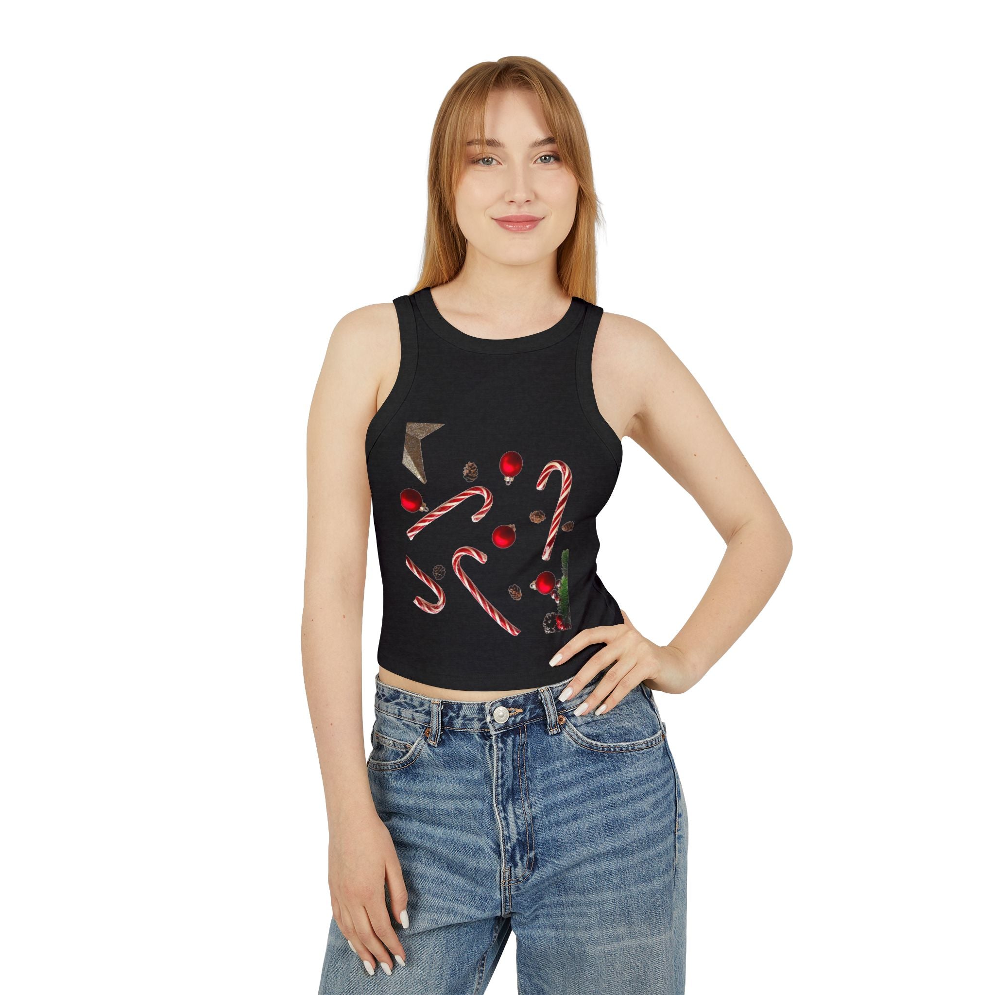 Women's Holiday Candy Cane Crop Tank — Festive Christmas Graphic Racerback