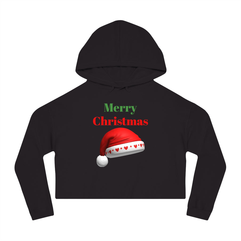 Merry Christmas Cropped Hoodie — Festive Santa Hat Holiday Sweatshirt for Women