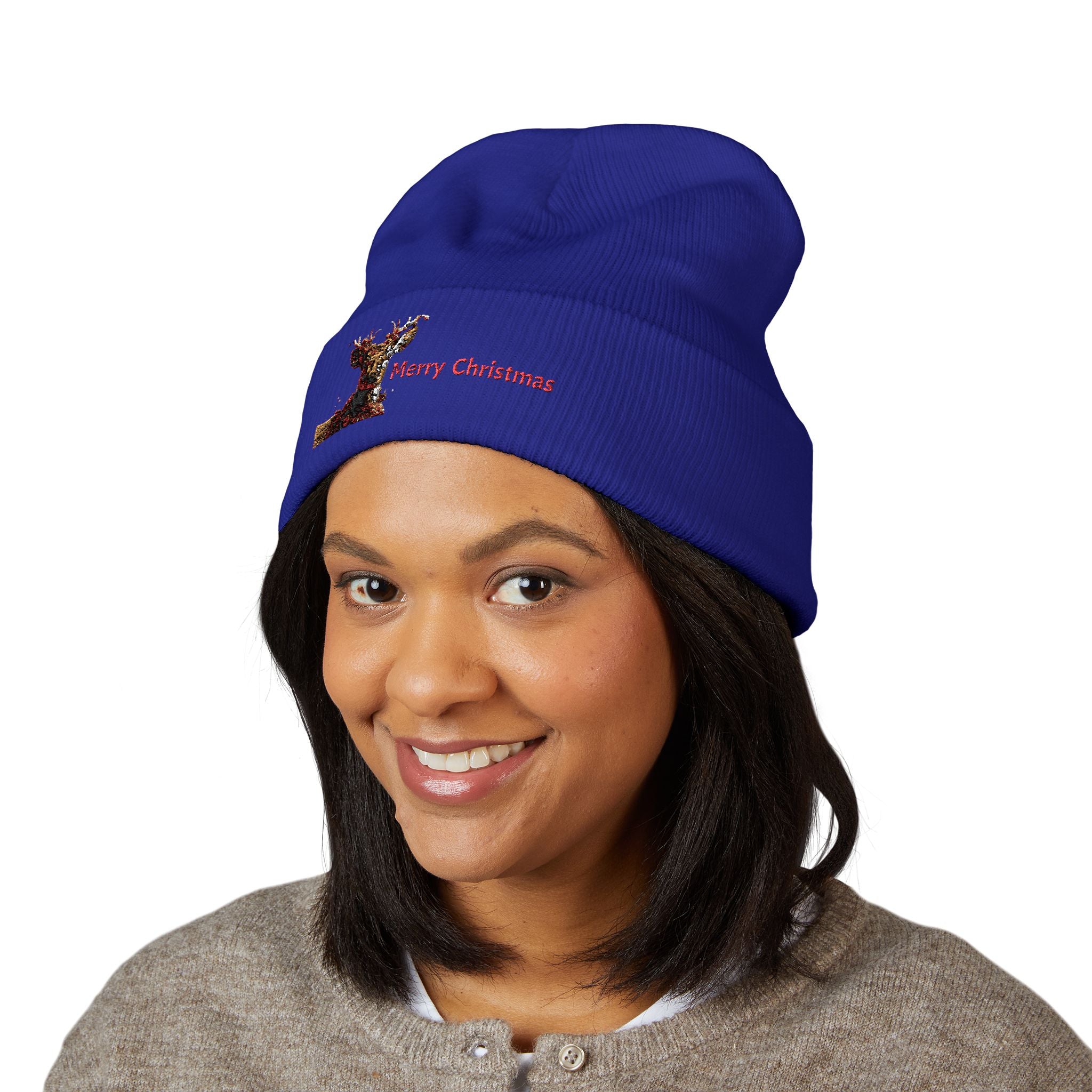 Embroidered Reindeer 'Merry Christmas' Cuffed Beanie