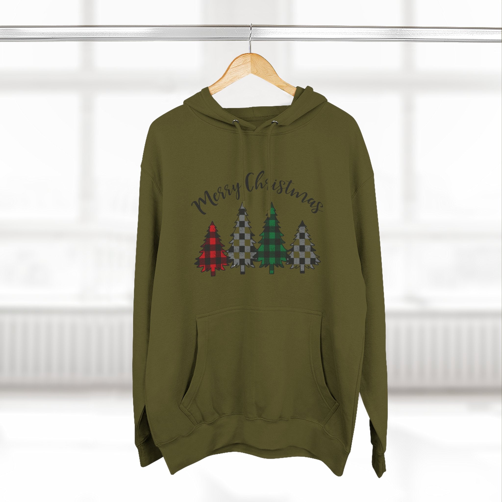 Merry & Bright Christmas Trees Hoodie — Minimal Holiday Fleece Pullover