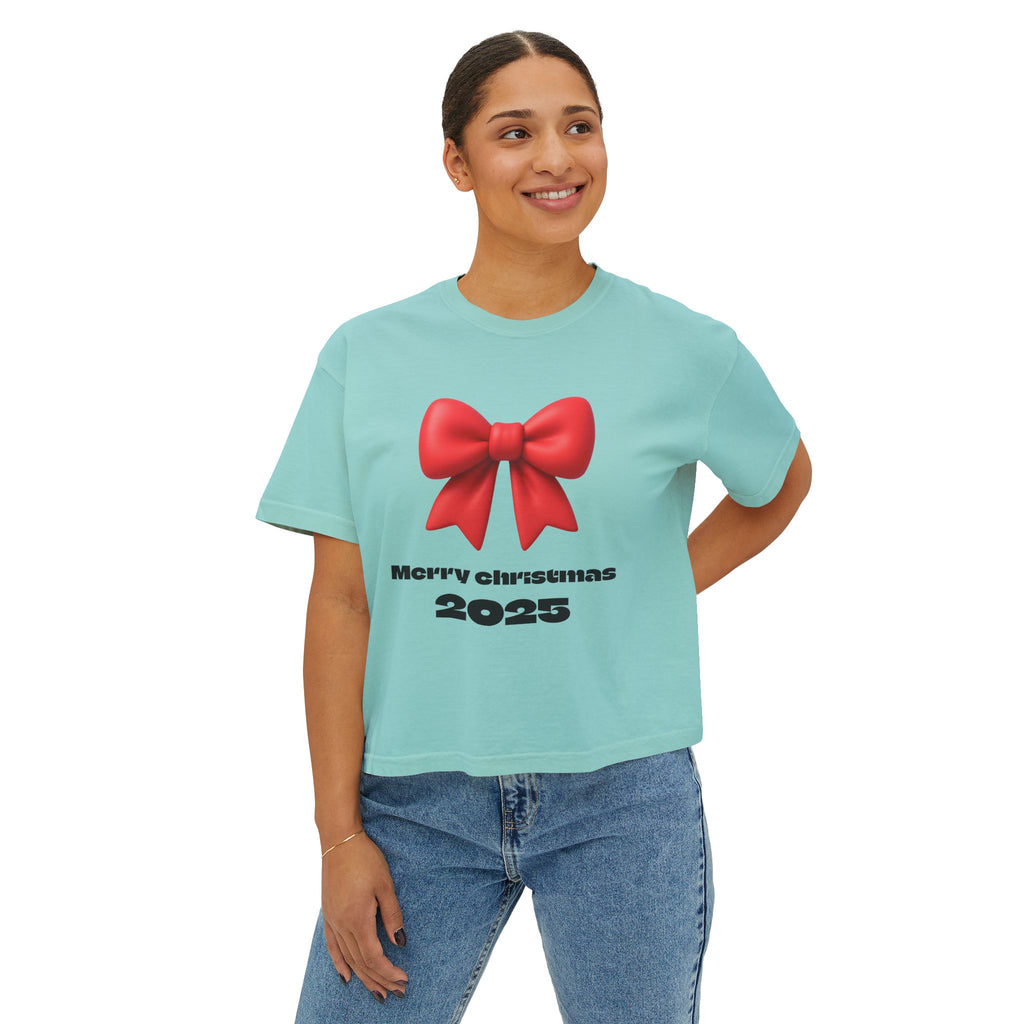 Women's Boxy Tee — Merry Christmas 2025 Red Bow Holiday Shirt