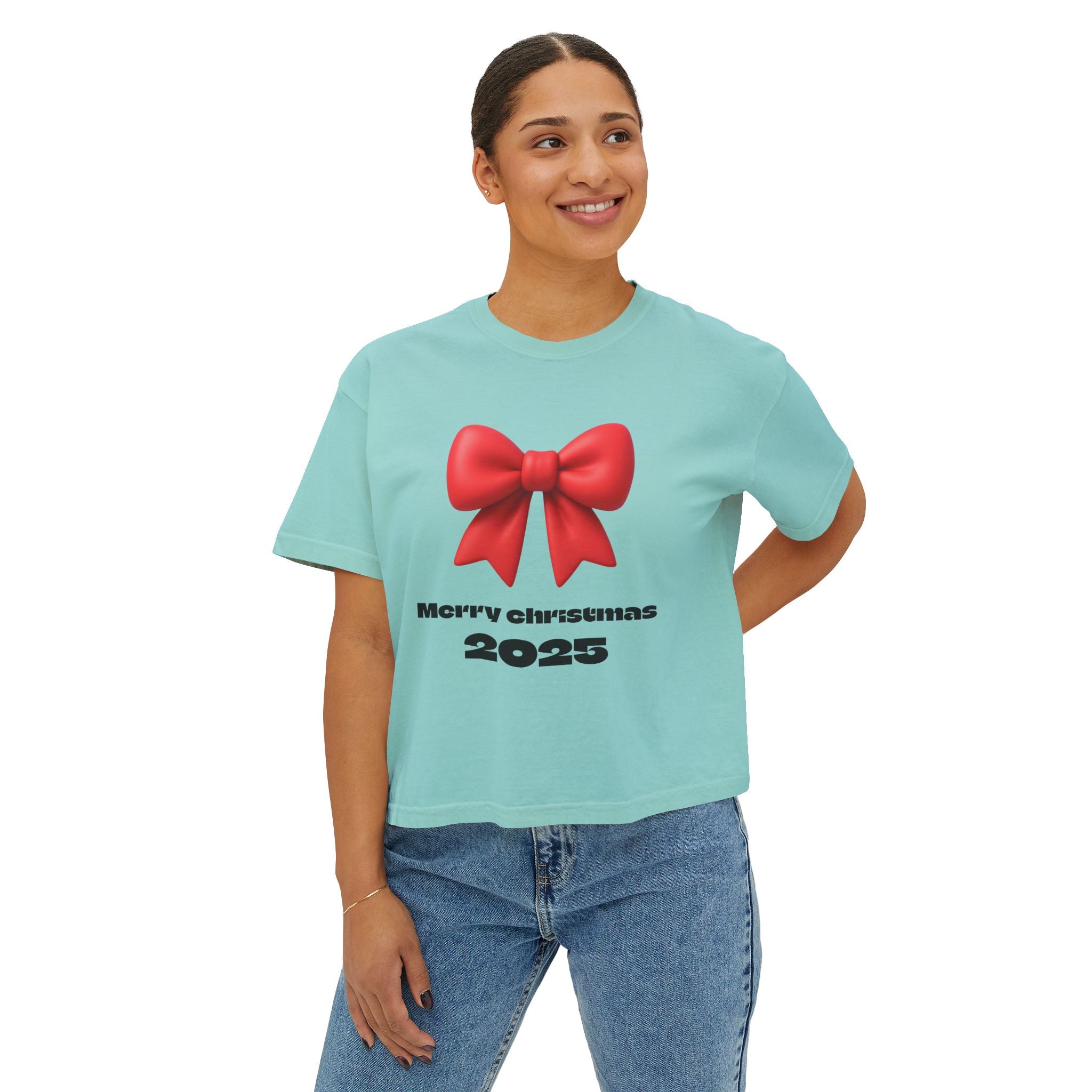 Women's Boxy Tee — Merry Christmas 2025 Red Bow Holiday Shirt
