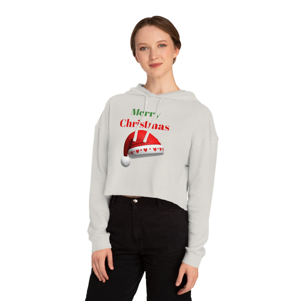 Merry Christmas Cropped Hoodie — Festive Santa Hat Holiday Sweatshirt for Women