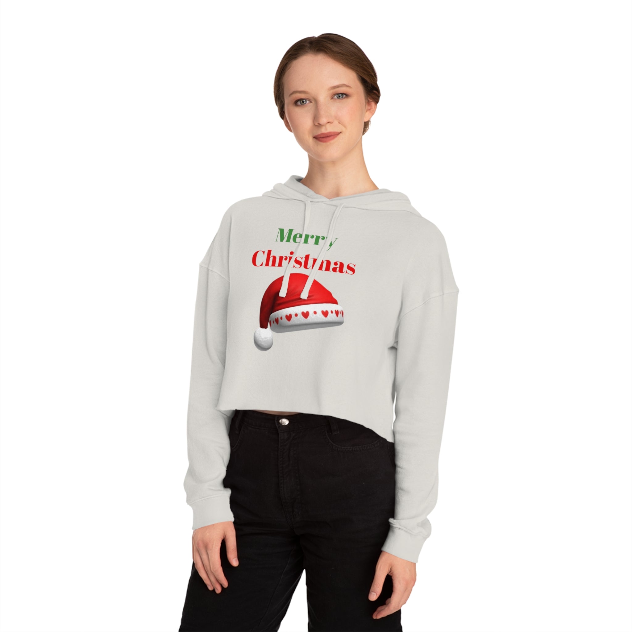 Merry Christmas Cropped Hoodie — Festive Santa Hat Holiday Sweatshirt for Women