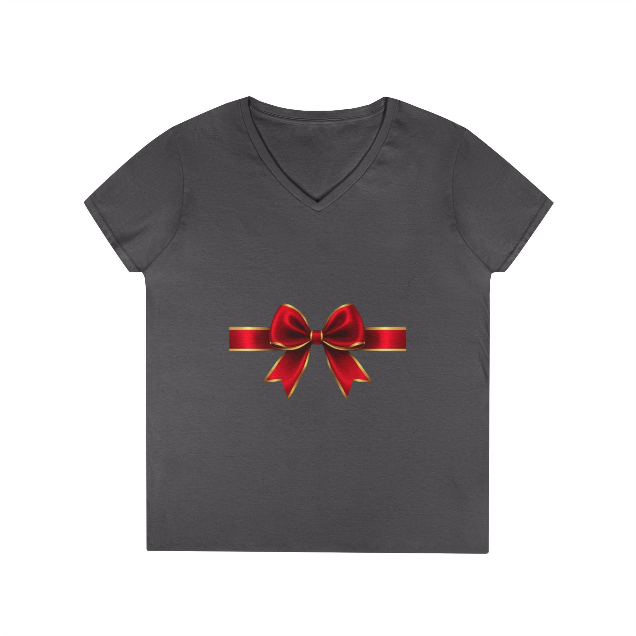 Women's V-Neck T-Shirt with Red Ribbon Bow Graphic — Gift-Ready Holiday Tee