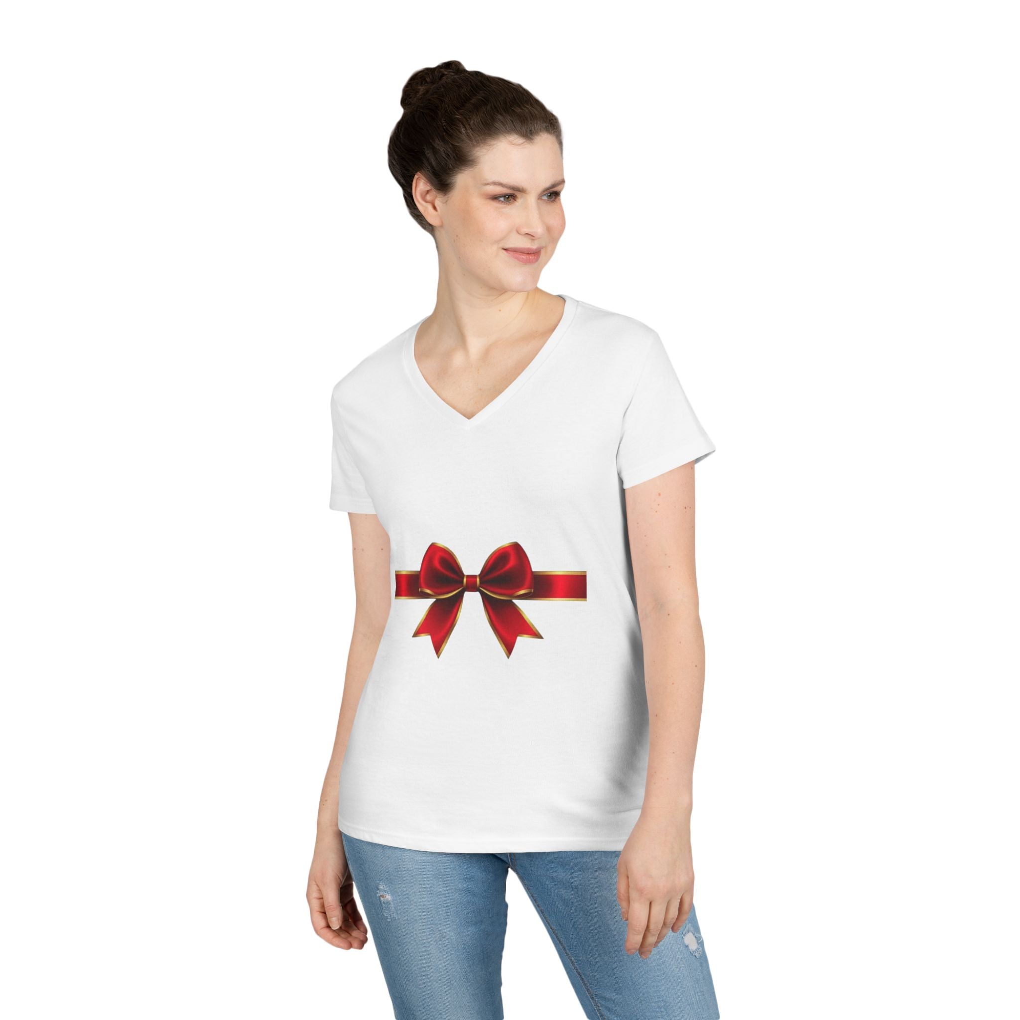 Women's V-Neck T-Shirt with Red Ribbon Bow Graphic — Gift-Ready Holiday Tee