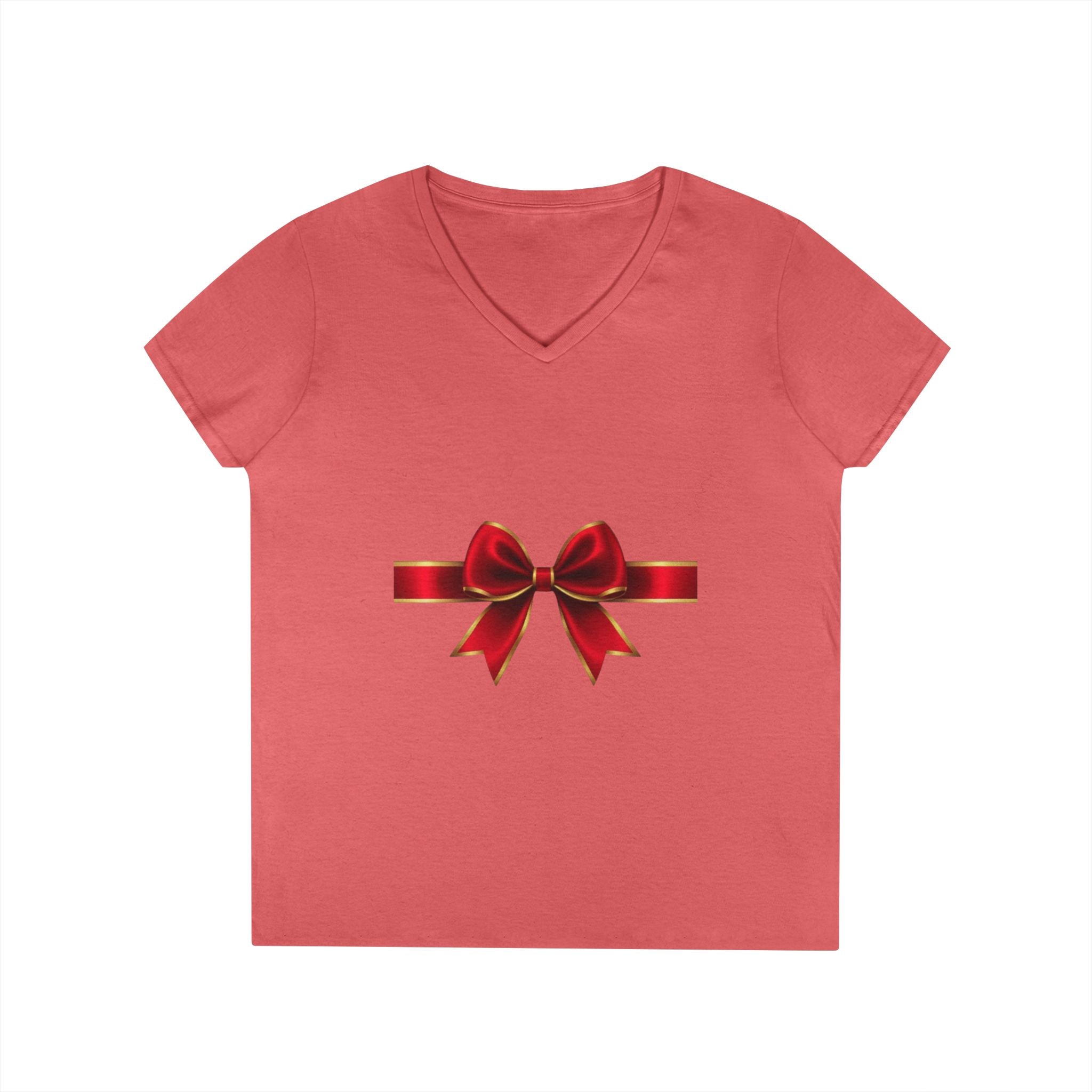 Women's V-Neck T-Shirt with Red Ribbon Bow Graphic — Gift-Ready Holiday Tee