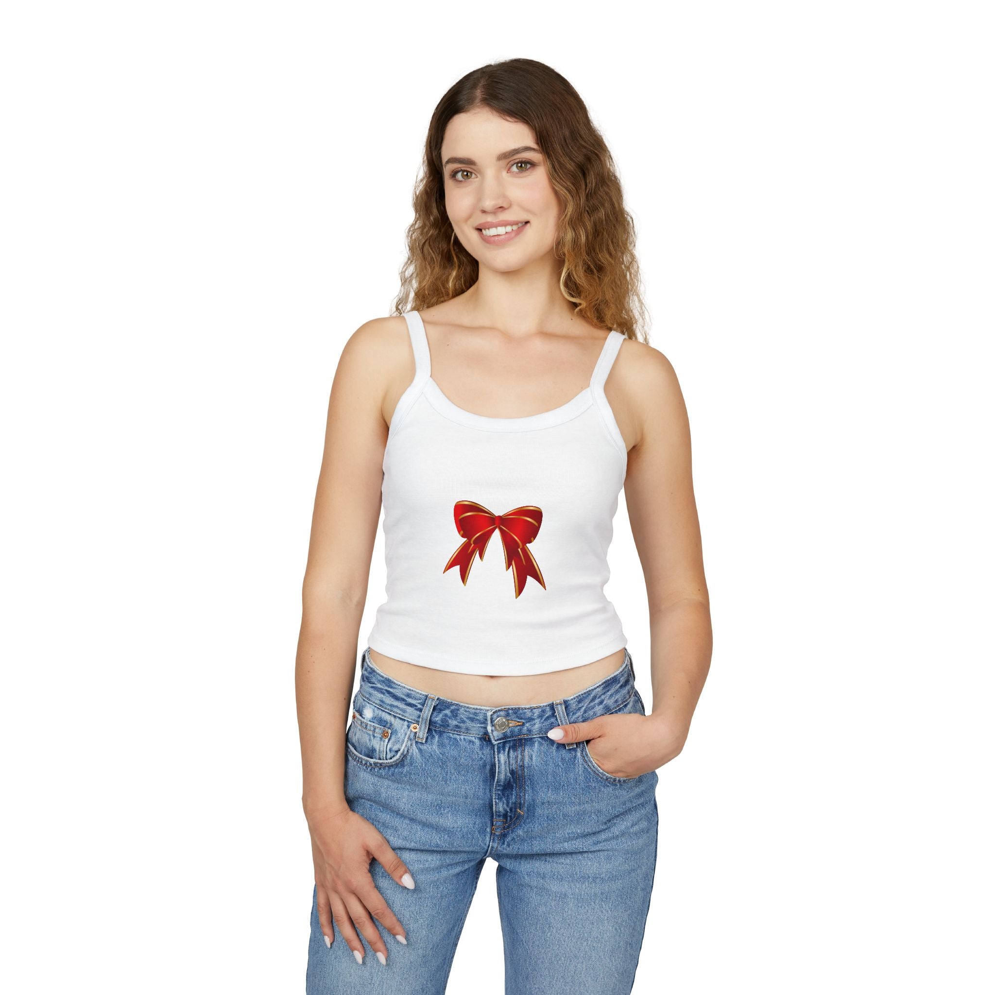 Spaghetti Tank Top — Red Holiday Bow Crop Top