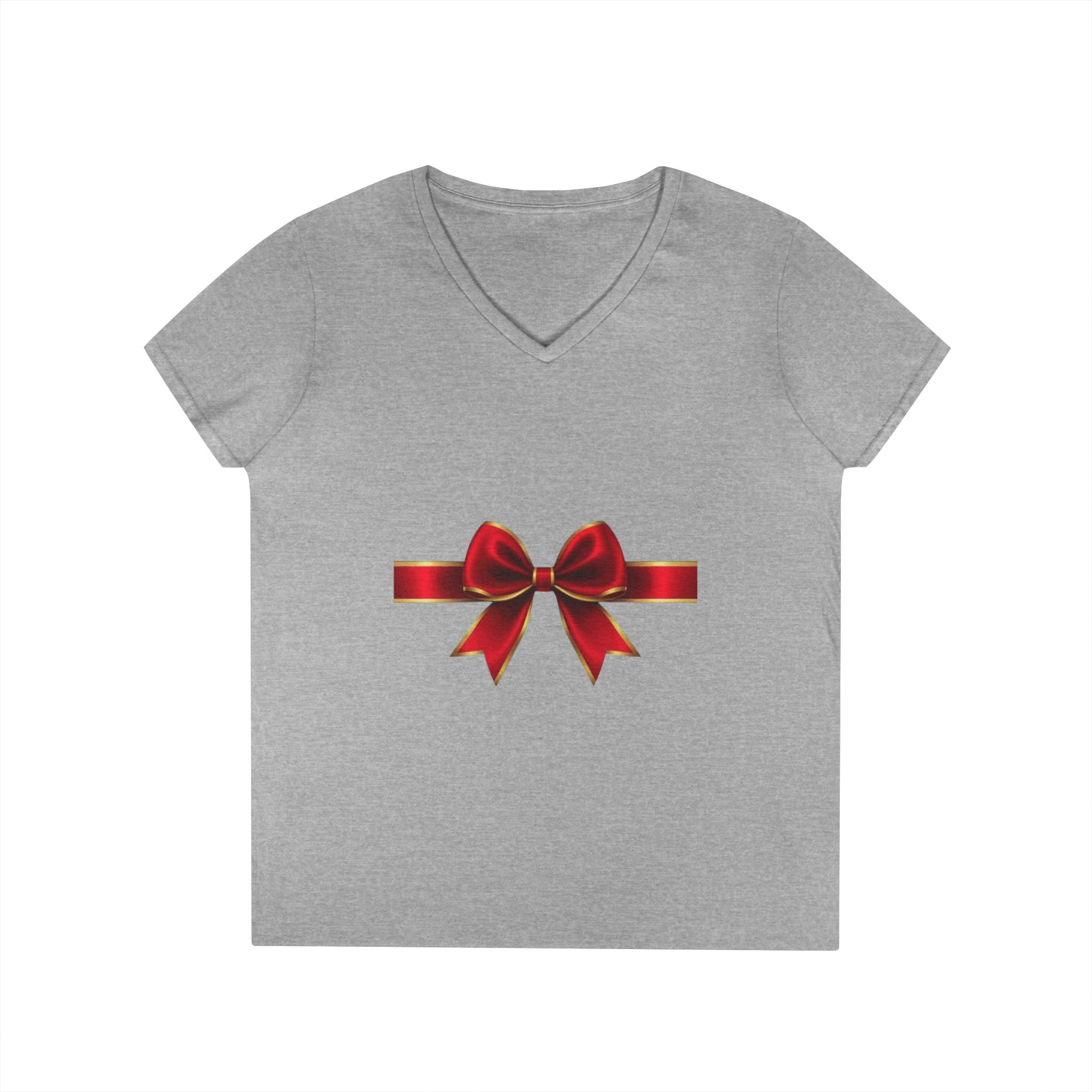 Women's V-Neck T-Shirt with Red Ribbon Bow Graphic — Gift-Ready Holiday Tee