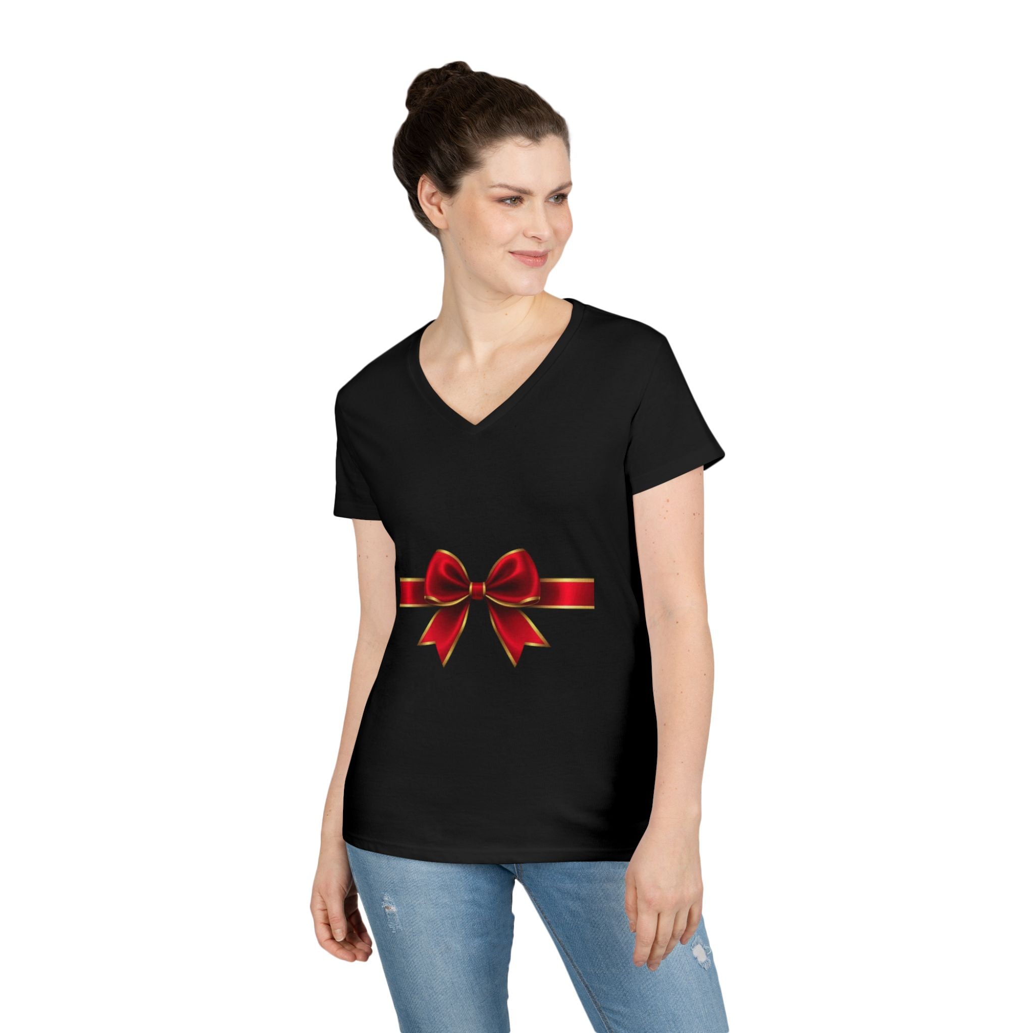 Women's V-Neck T-Shirt with Red Ribbon Bow Graphic — Gift-Ready Holiday Tee