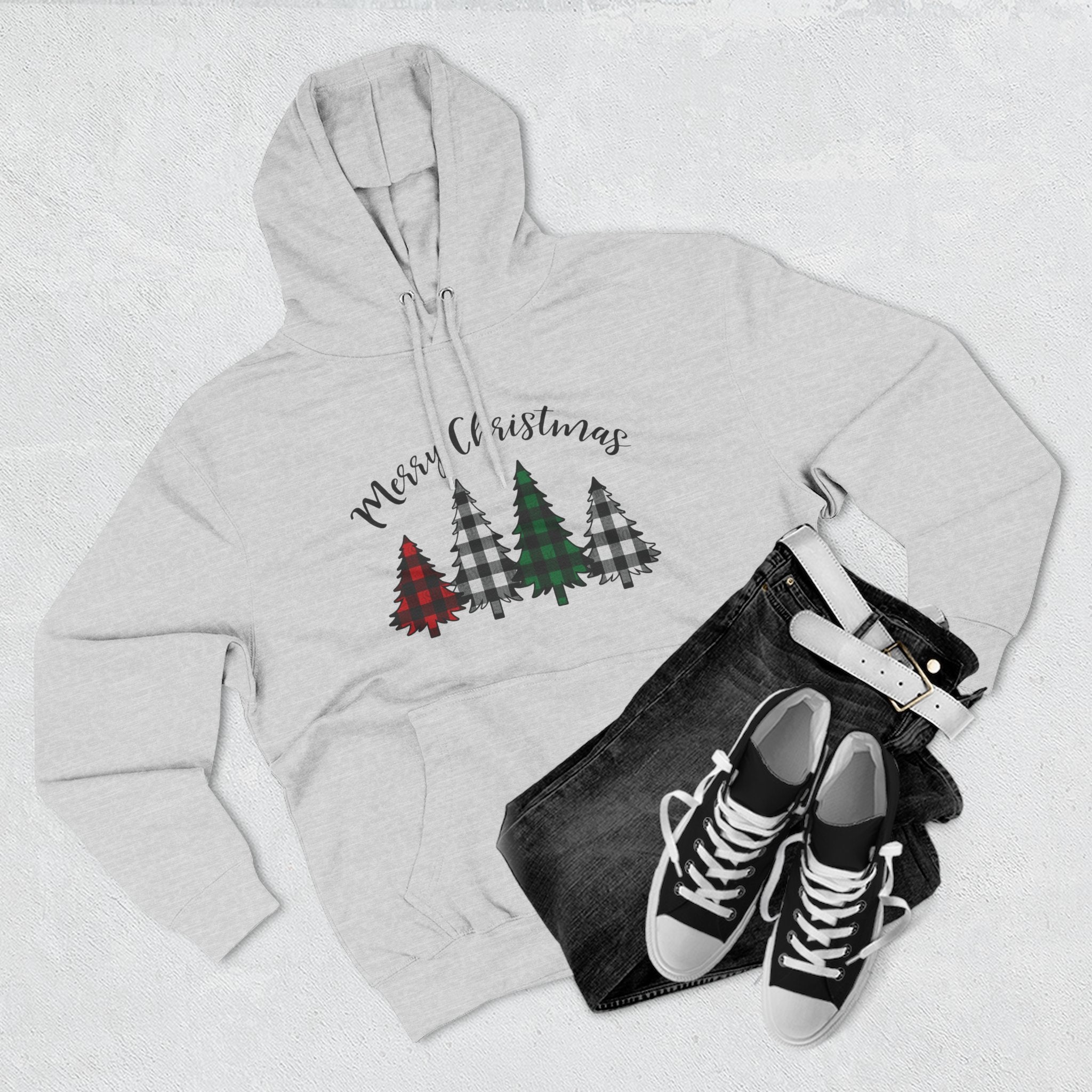 Merry & Bright Christmas Trees Hoodie — Minimal Holiday Fleece Pullover