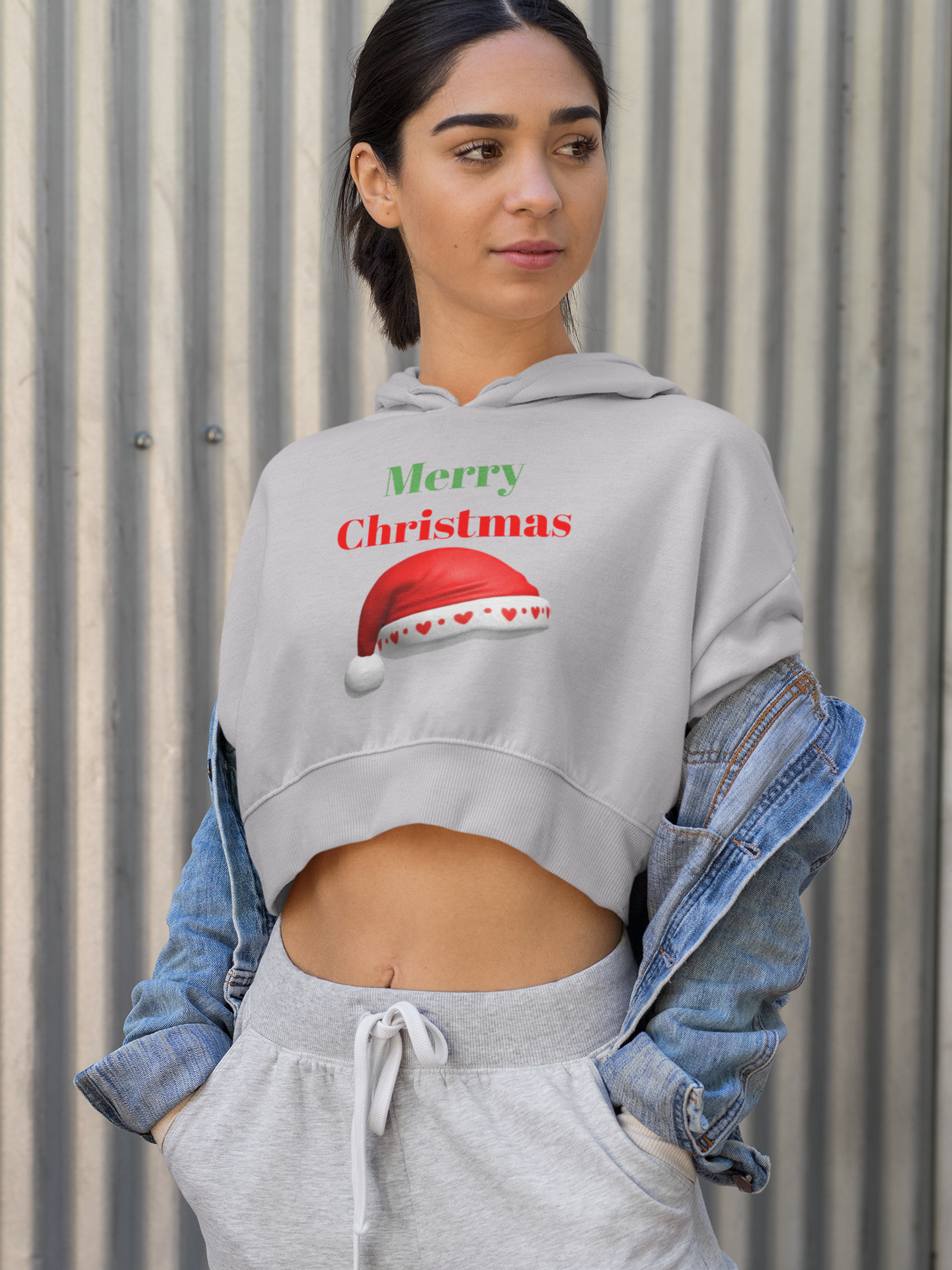 Merry Christmas Cropped Hoodie — Festive Santa Hat Holiday Sweatshirt for Women