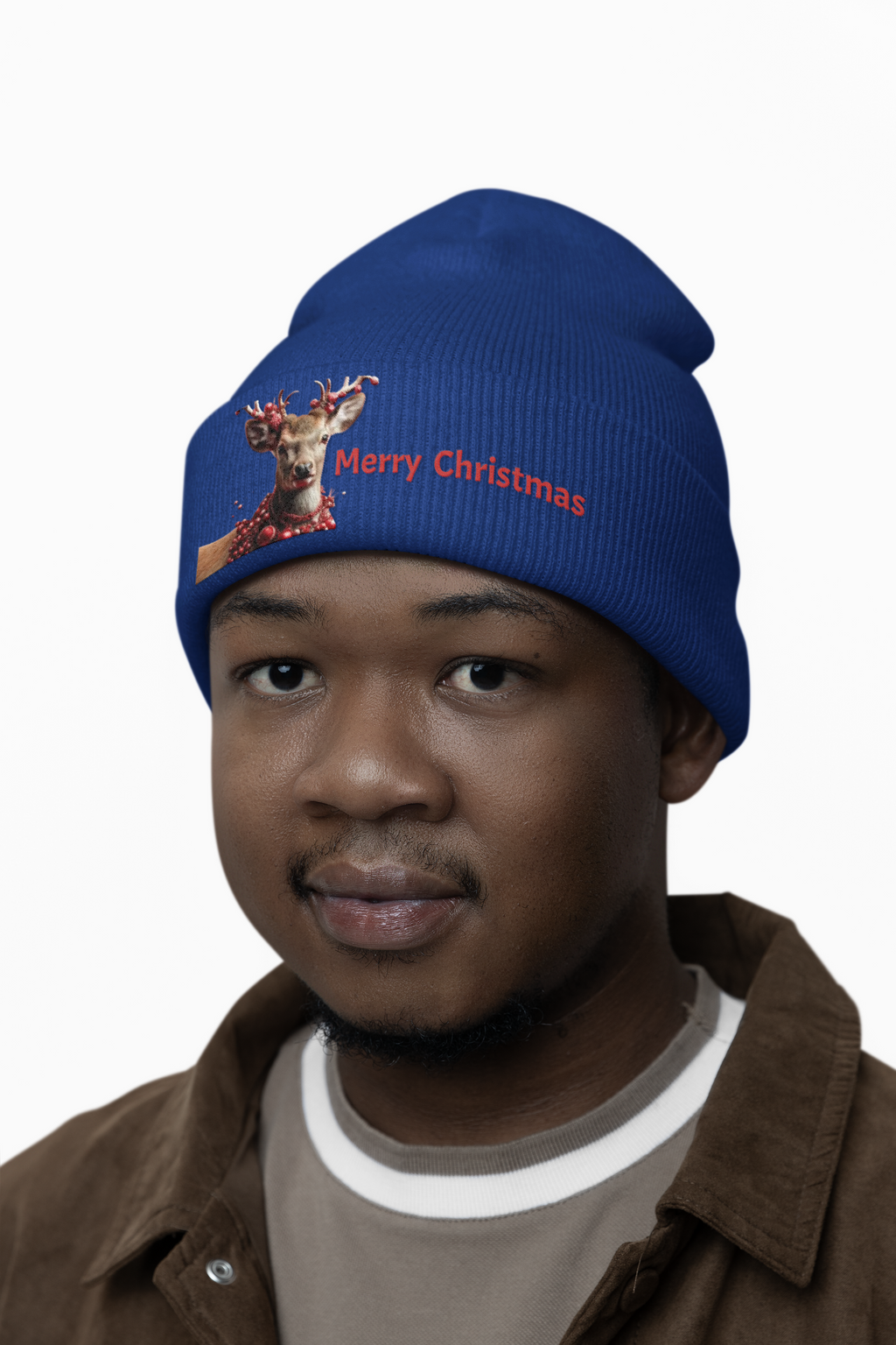 Embroidered Reindeer 'Merry Christmas' Cuffed Beanie
