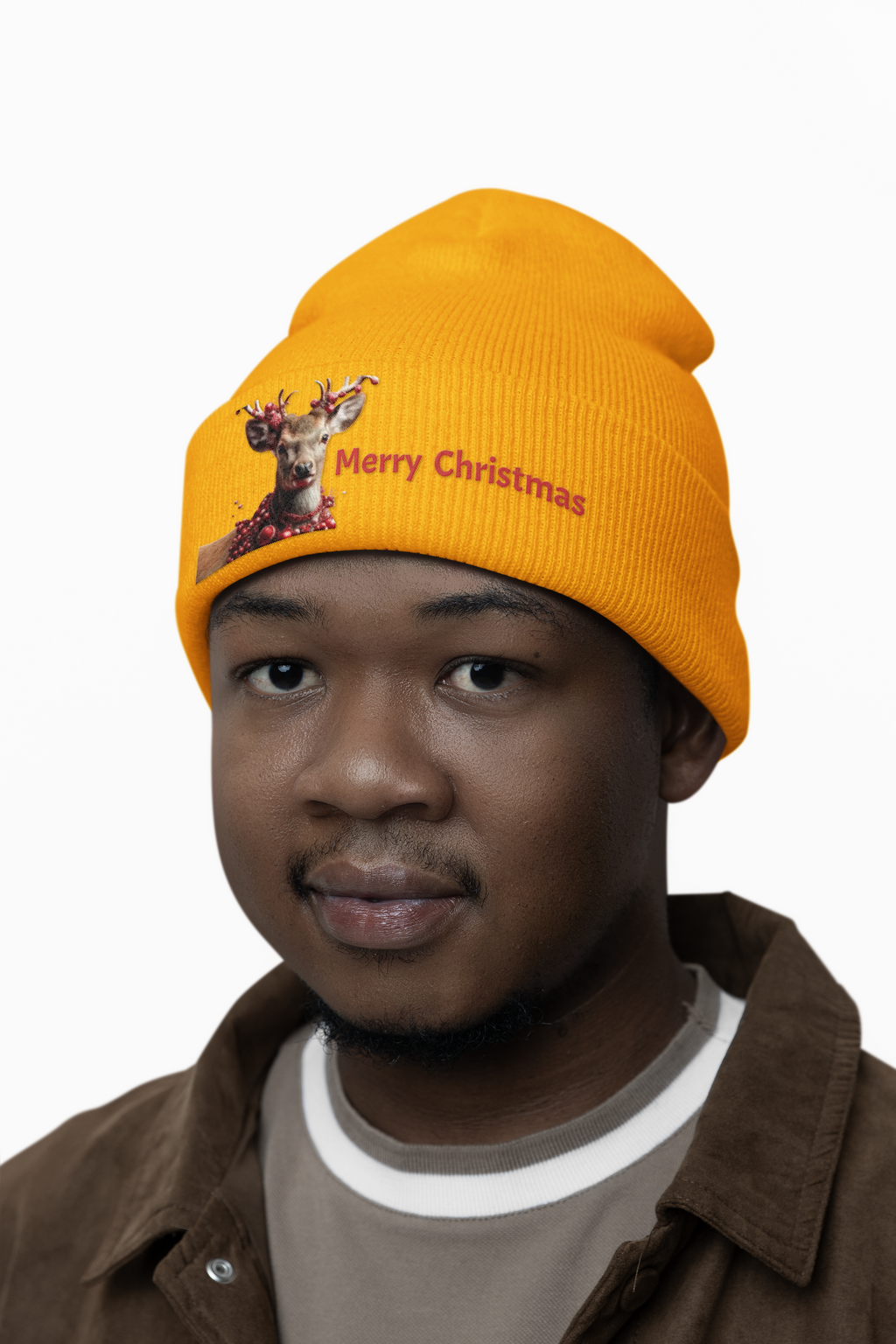Embroidered Reindeer 'Merry Christmas' Cuffed Beanie