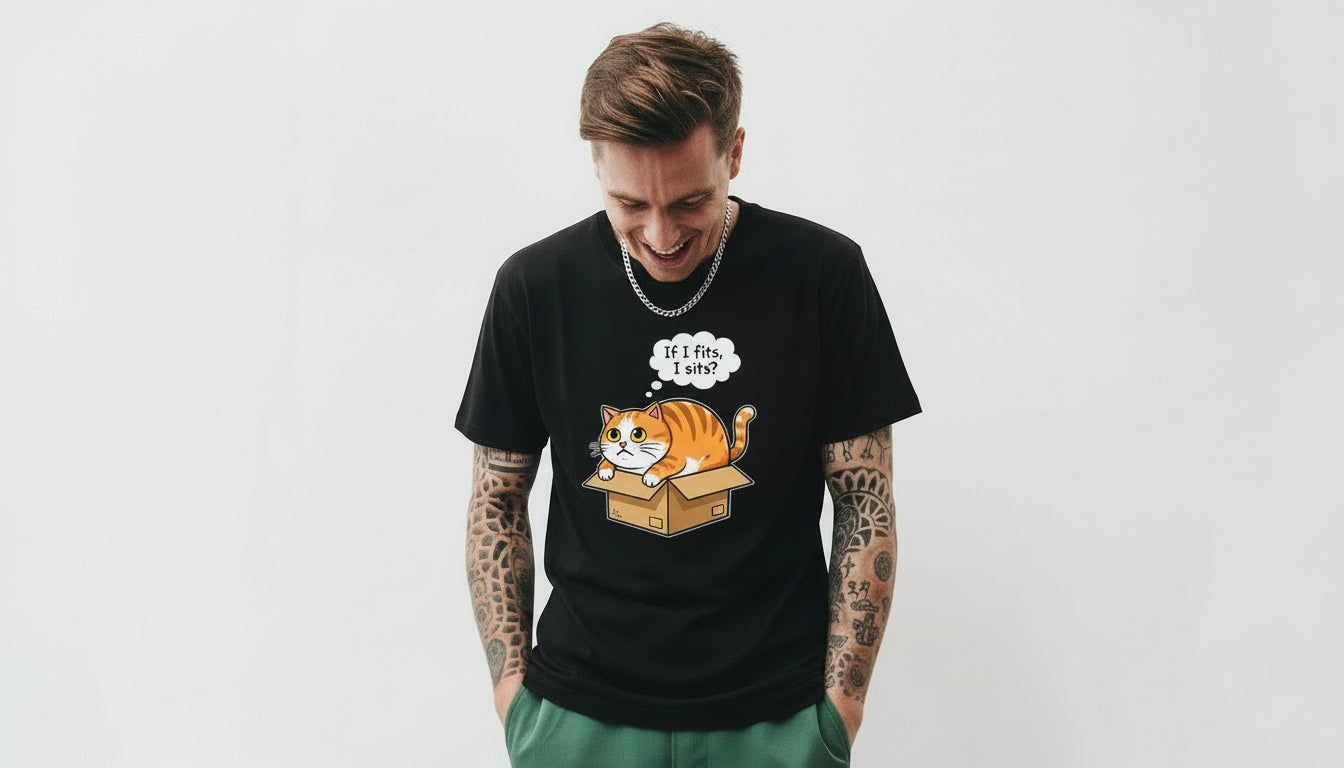 Cat T-Shirt – "If I fits, I sits" Cute Orange Cat in Box Tee
