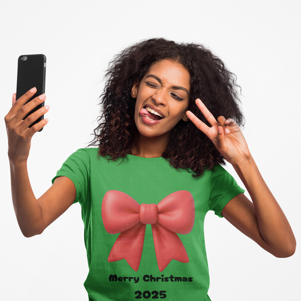 Christmas 2025 Red Bow Tee — "Merry Christmas 2025" Women's Shirt