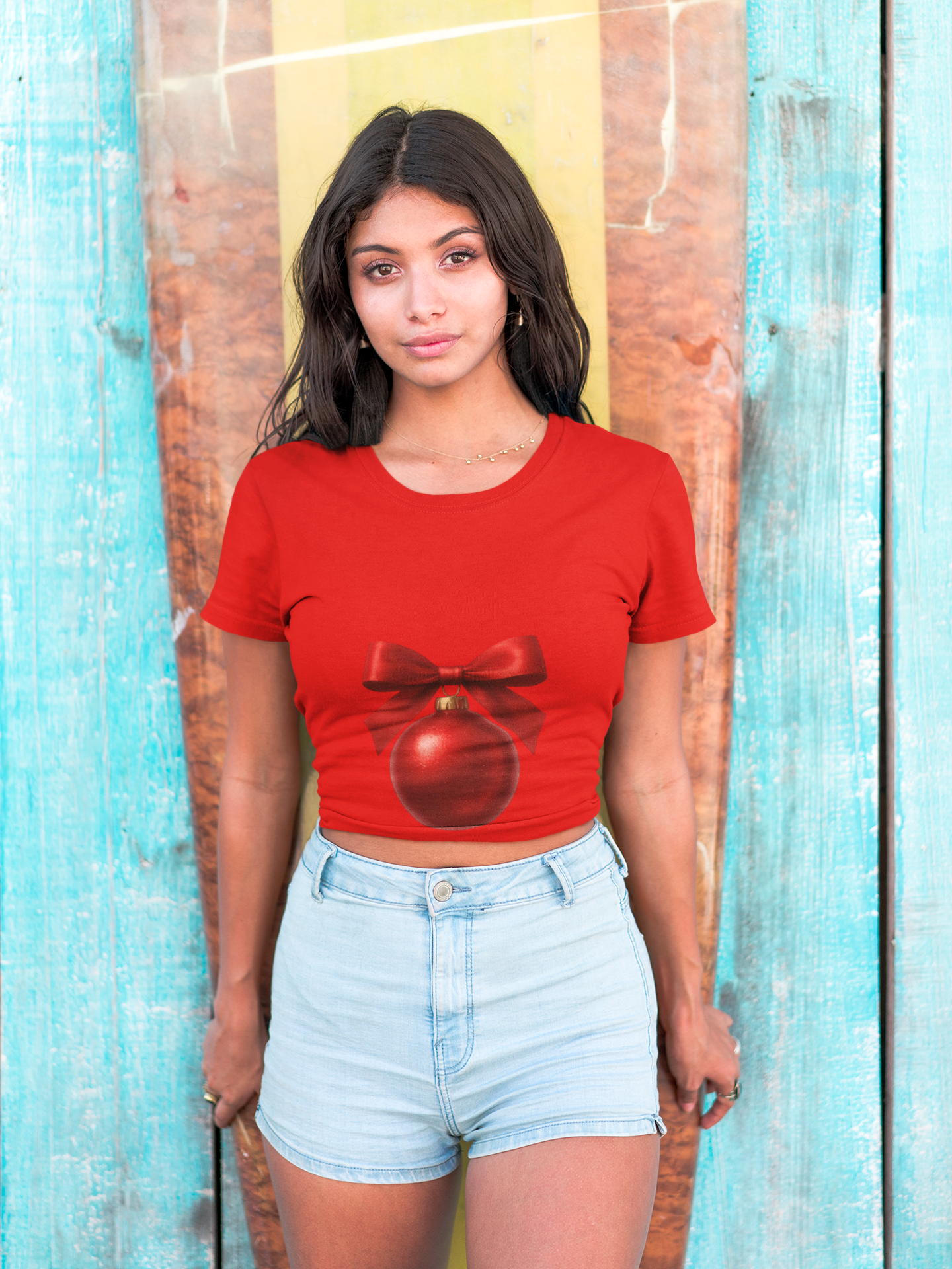 Christmas Ornament Crop Tee — Red Bow Holiday Graphic Top