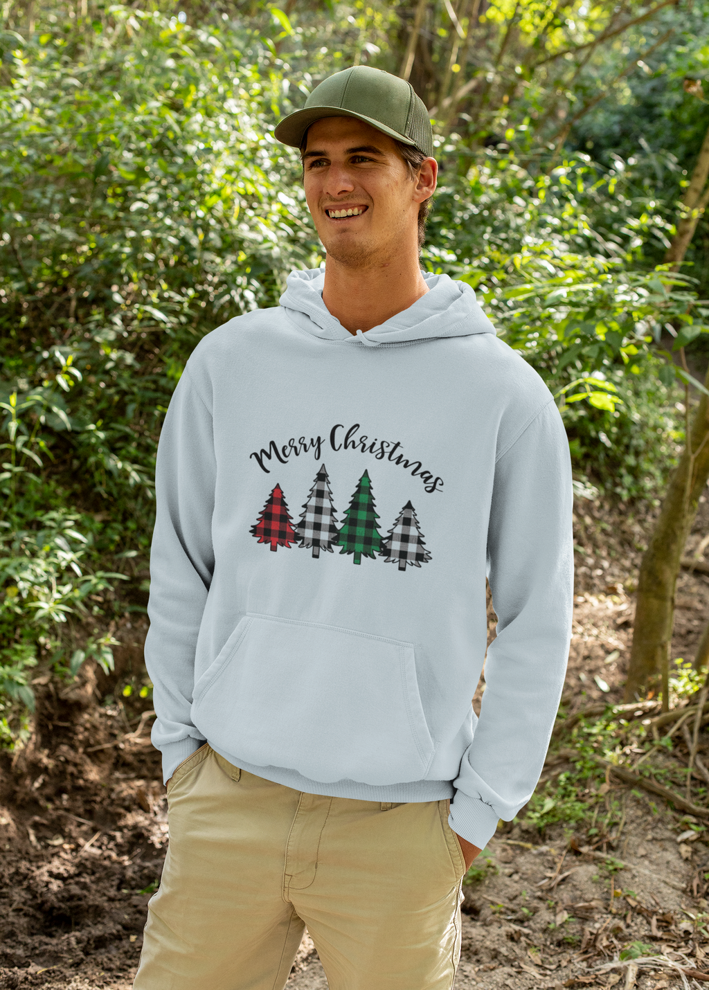 Merry & Bright Christmas Trees Hoodie — Minimal Holiday Fleece Pullover