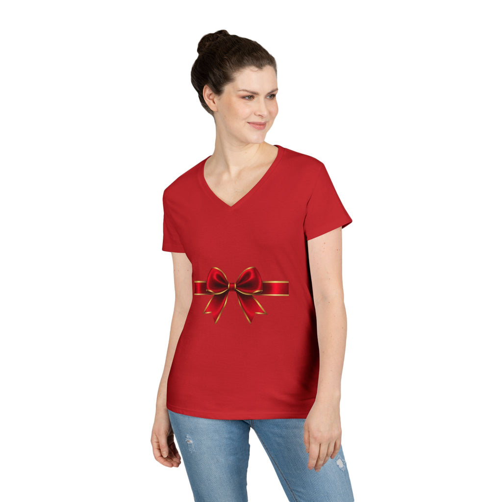 Women's V-Neck T-Shirt with Red Ribbon Bow Graphic — Gift-Ready Holiday Tee