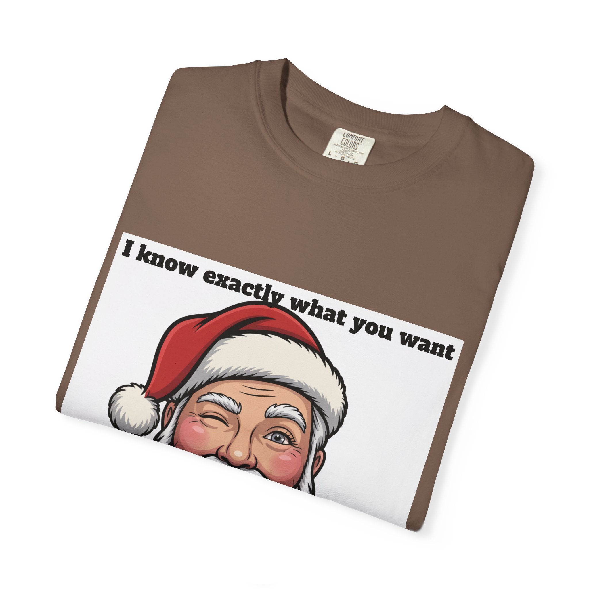 Santa Tongue-Out Christmas T-Shirt — "I know exactly what you want and it ain't toys"