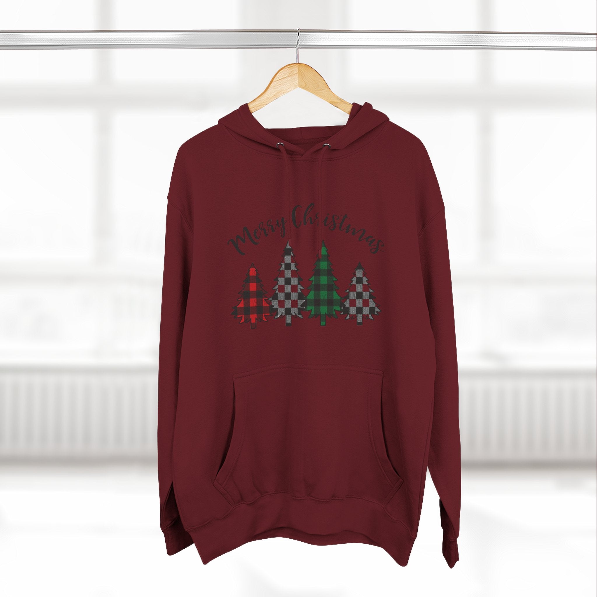 Merry & Bright Christmas Trees Hoodie — Minimal Holiday Fleece Pullover