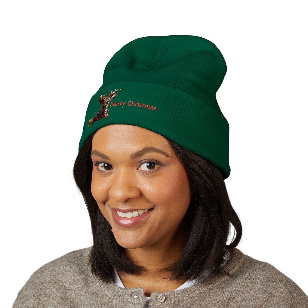Embroidered Reindeer 'Merry Christmas' Cuffed Beanie